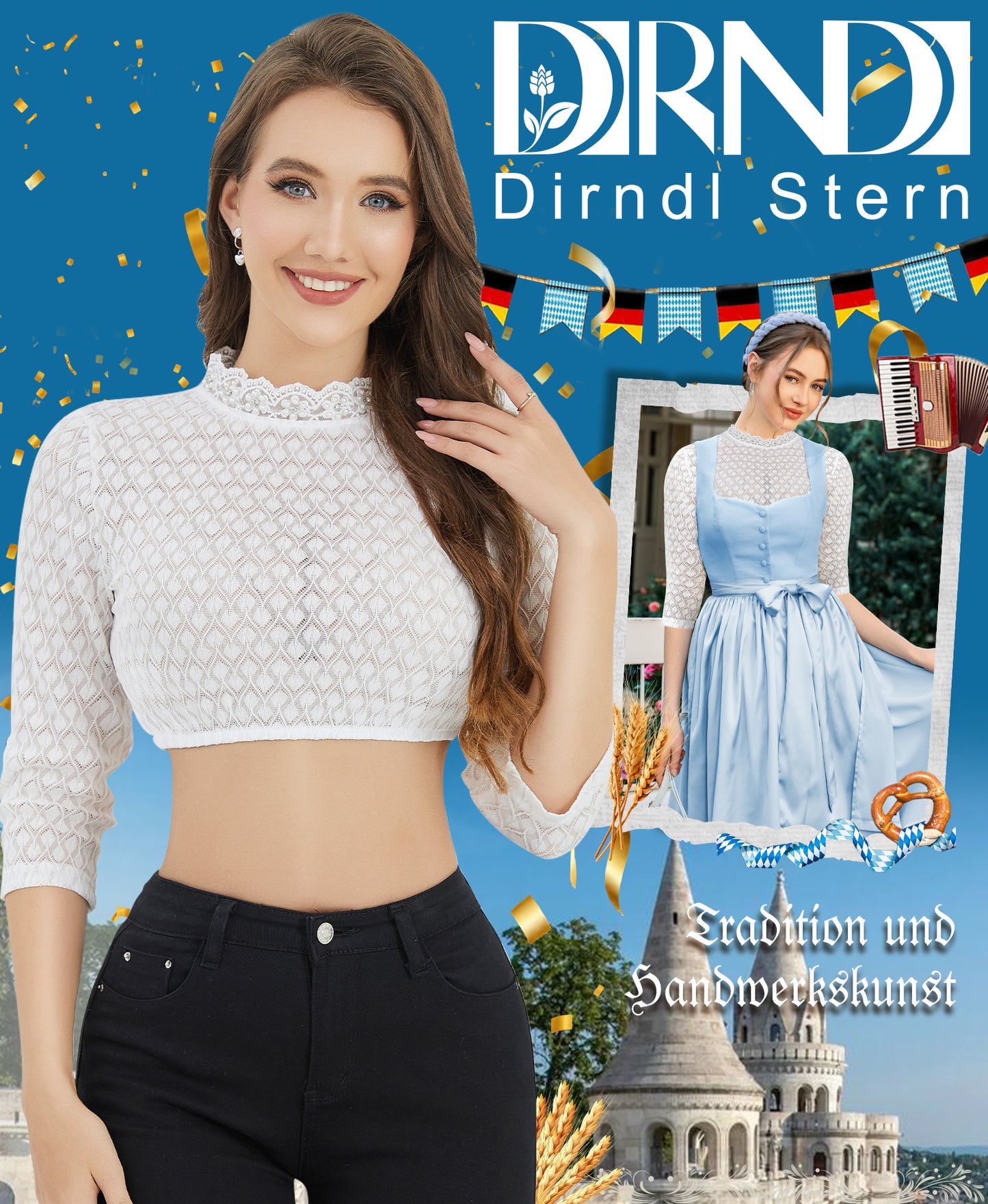 DIRNDLSTERN Bluse Damen Weiß - Dirndlbluse Hochgeschlossen Langarm Trachtenbluse für Oktoberfest