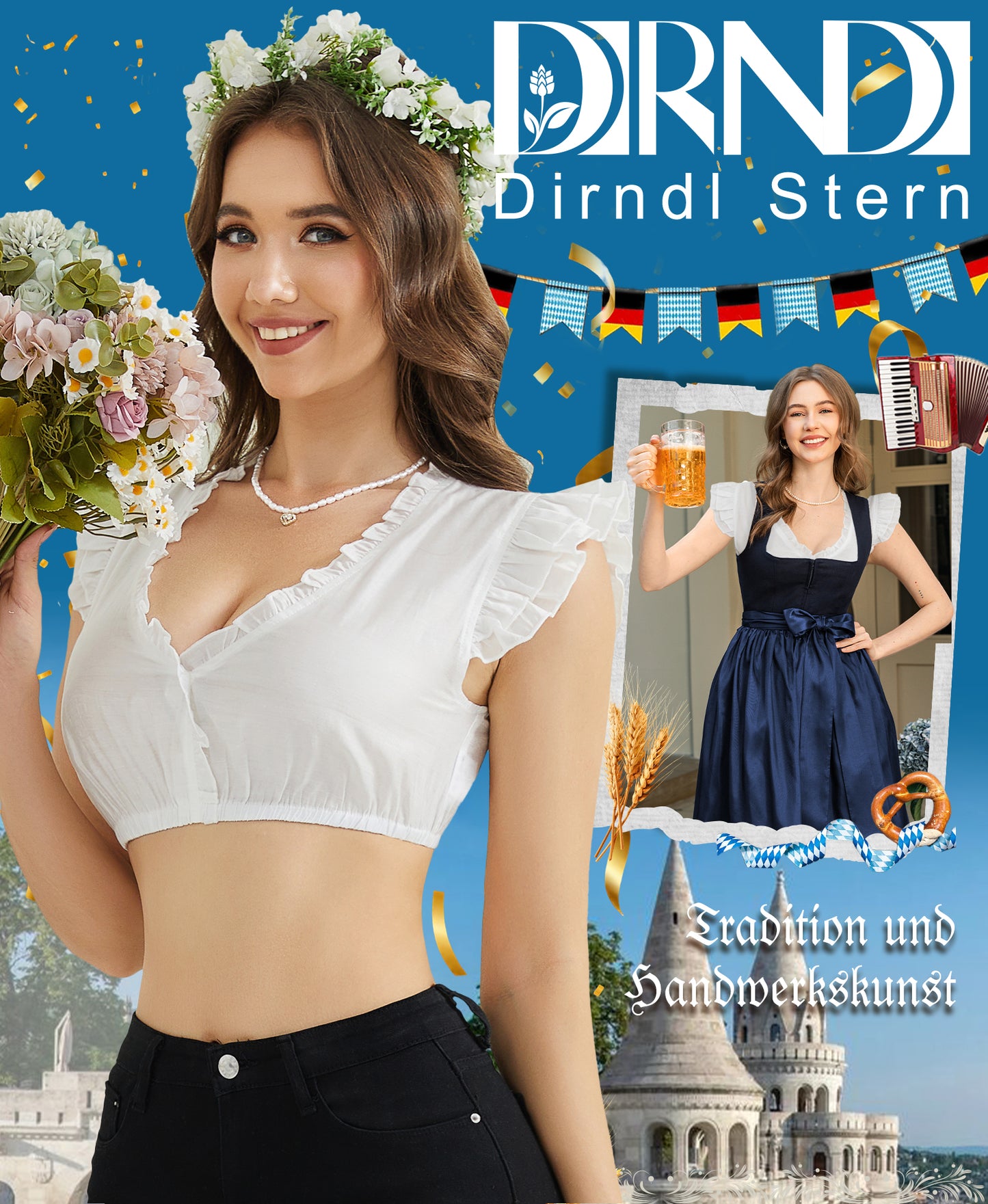 DIRNDLSTERN Dirndlbluse Damen Weiß Kurzarm - Trachtenbluse mit V-Ausschnitt und Rüschenärmeln Luftige und Bequeme Bluse fürs Oktoberfest