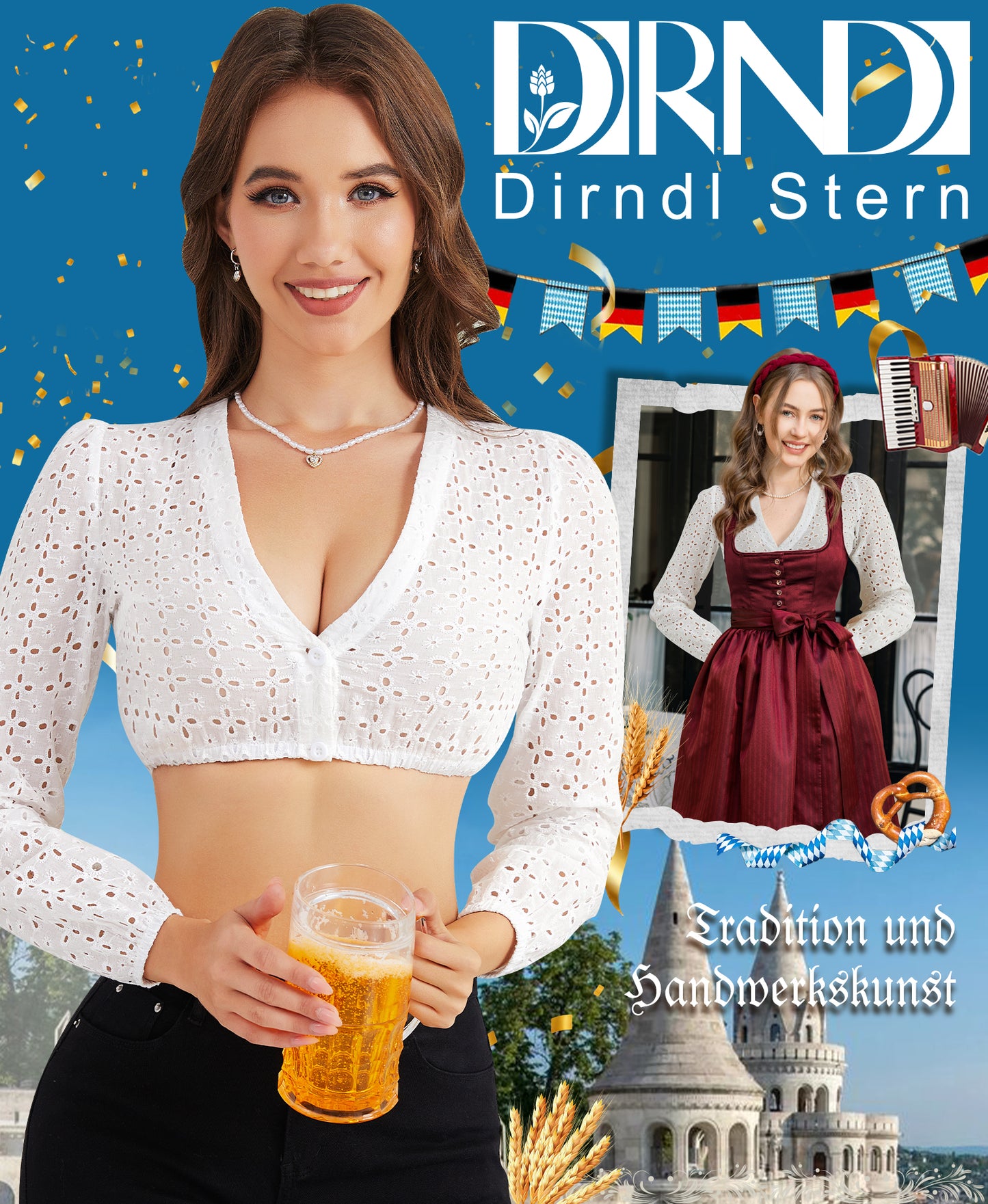 DIRNDLSTERN Dirndlbluse Damen Weiß Langarm Bluse Trachtenbluse V-Ausschnitt Dirndlblusen für Oktoberfest