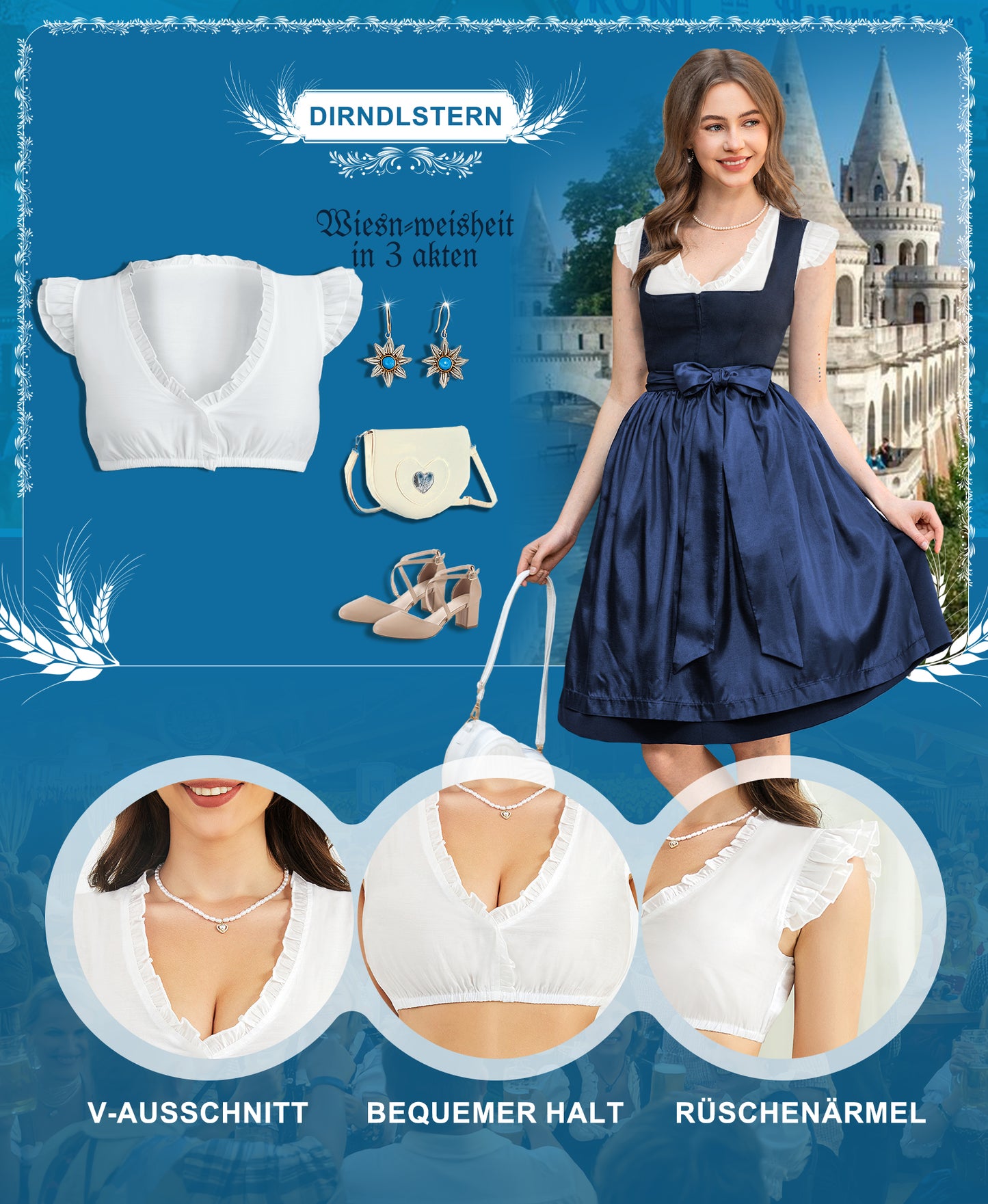 DIRNDLSTERN Dirndlbluse Damen Weiß Kurzarm - Trachtenbluse mit V-Ausschnitt und Rüschenärmeln Luftige und Bequeme Bluse fürs Oktoberfest