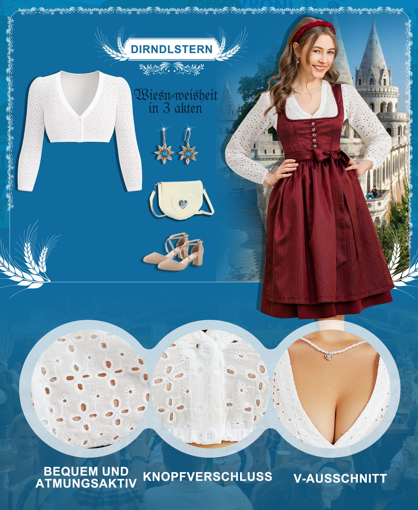DIRNDLSTERN Dirndlbluse Damen Weiß Langarm Bluse Trachtenbluse V-Ausschnitt Dirndlblusen für Oktoberfest