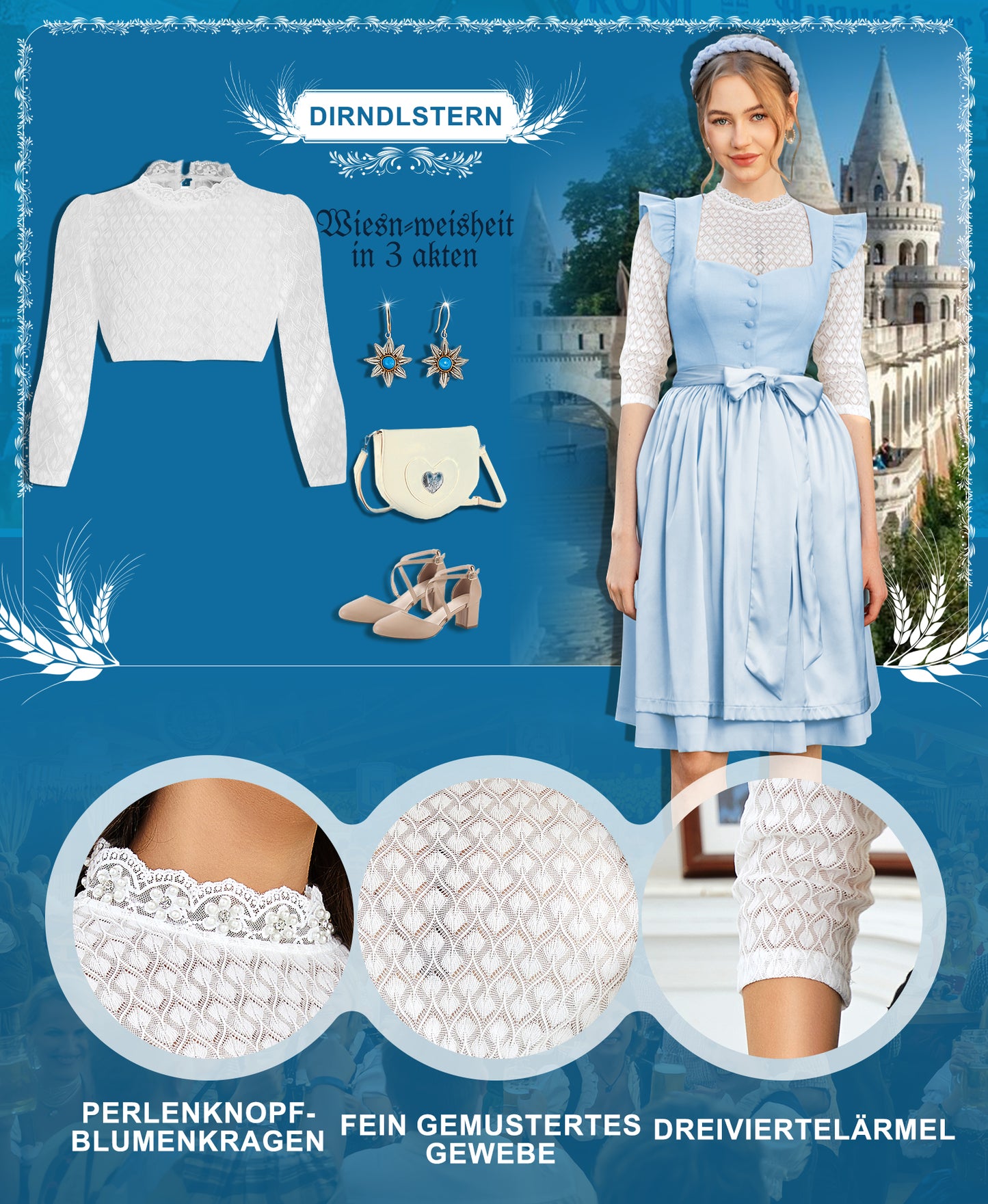 DIRNDLSTERN Bluse Damen Weiß - Dirndlbluse Hochgeschlossen Langarm Trachtenbluse für Oktoberfest