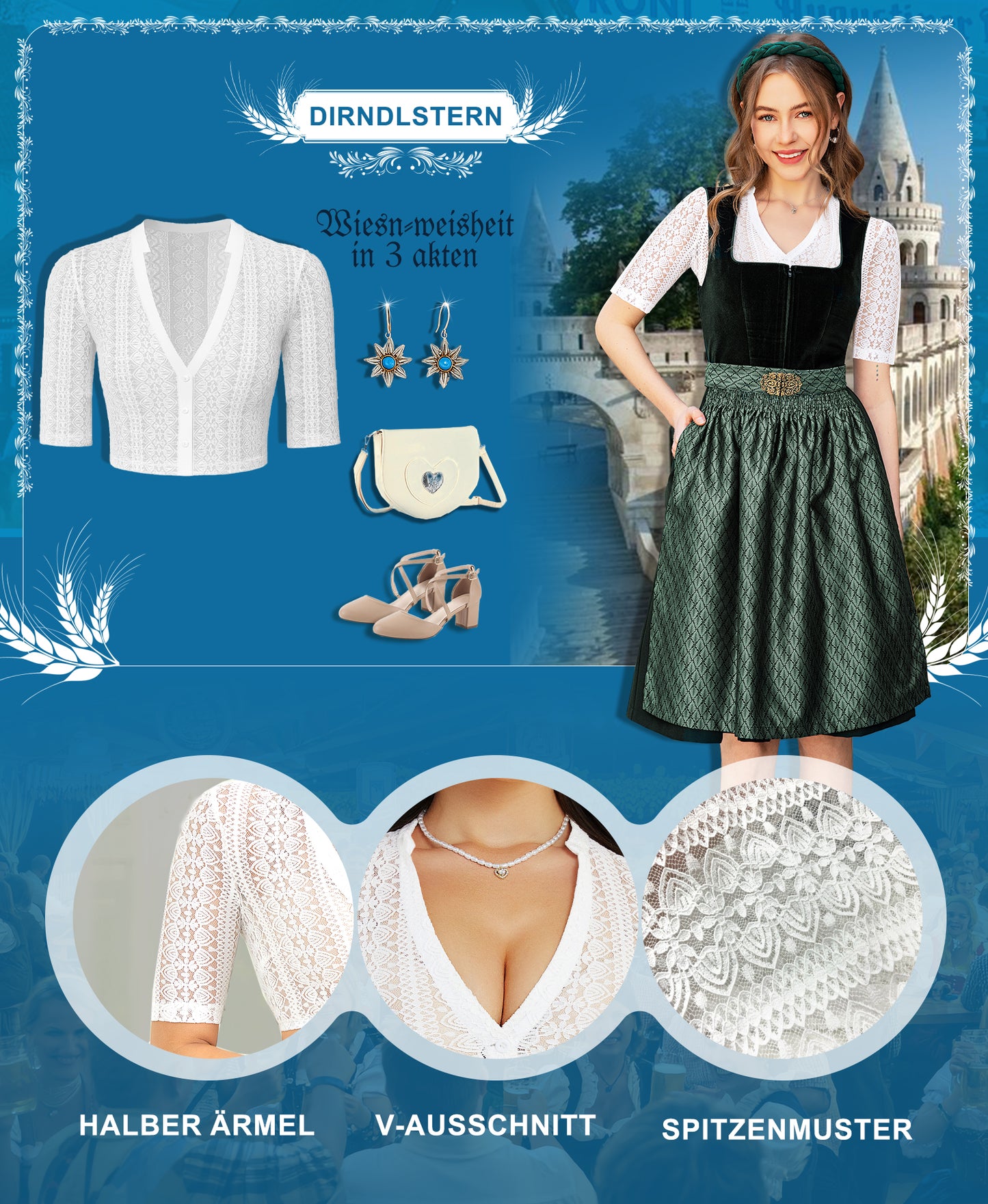 DIRNDLSTERN Dirndlbluse Damen Spitze Weiß Bluse Halbarm Trachtenbluse mit V-Ausschnitt für Oktoberfest