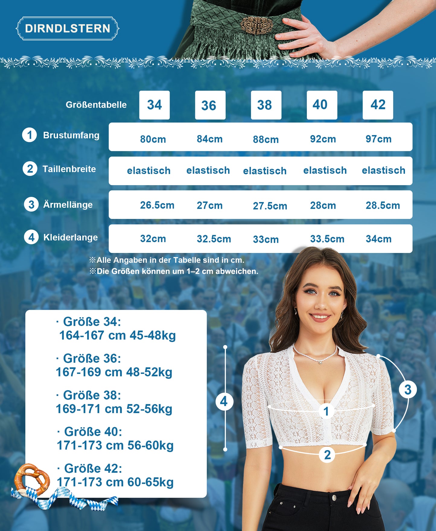 DIRNDLSTERN Dirndlbluse Damen Spitze Weiß Bluse Halbarm Trachtenbluse mit V-Ausschnitt für Oktoberfest