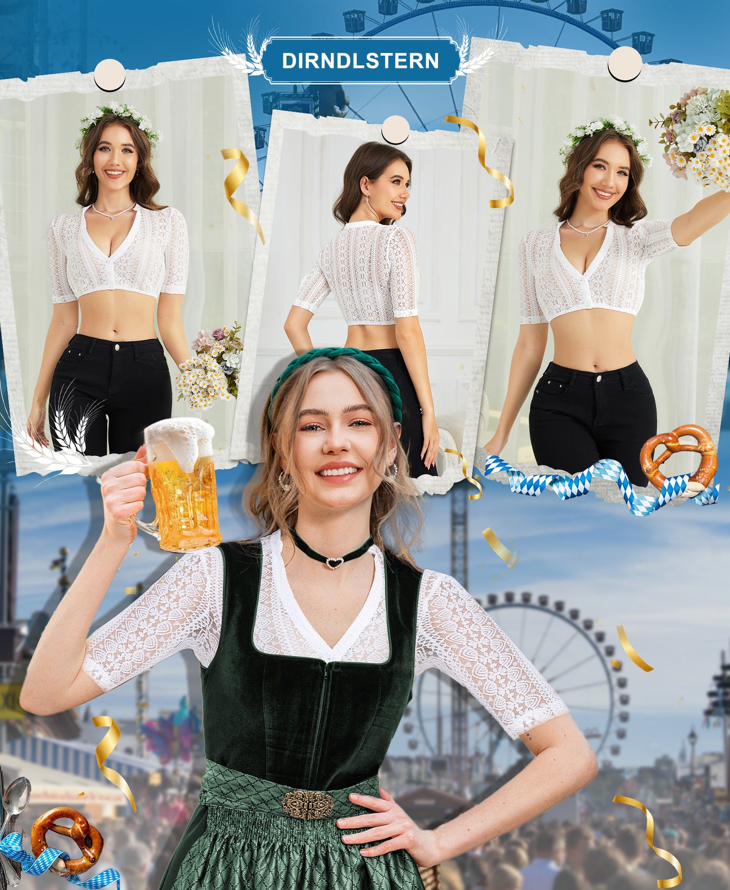 DIRNDLSTERN Dirndlbluse Damen Spitze Weiß Bluse Halbarm Trachtenbluse mit V-Ausschnitt für Oktoberfest