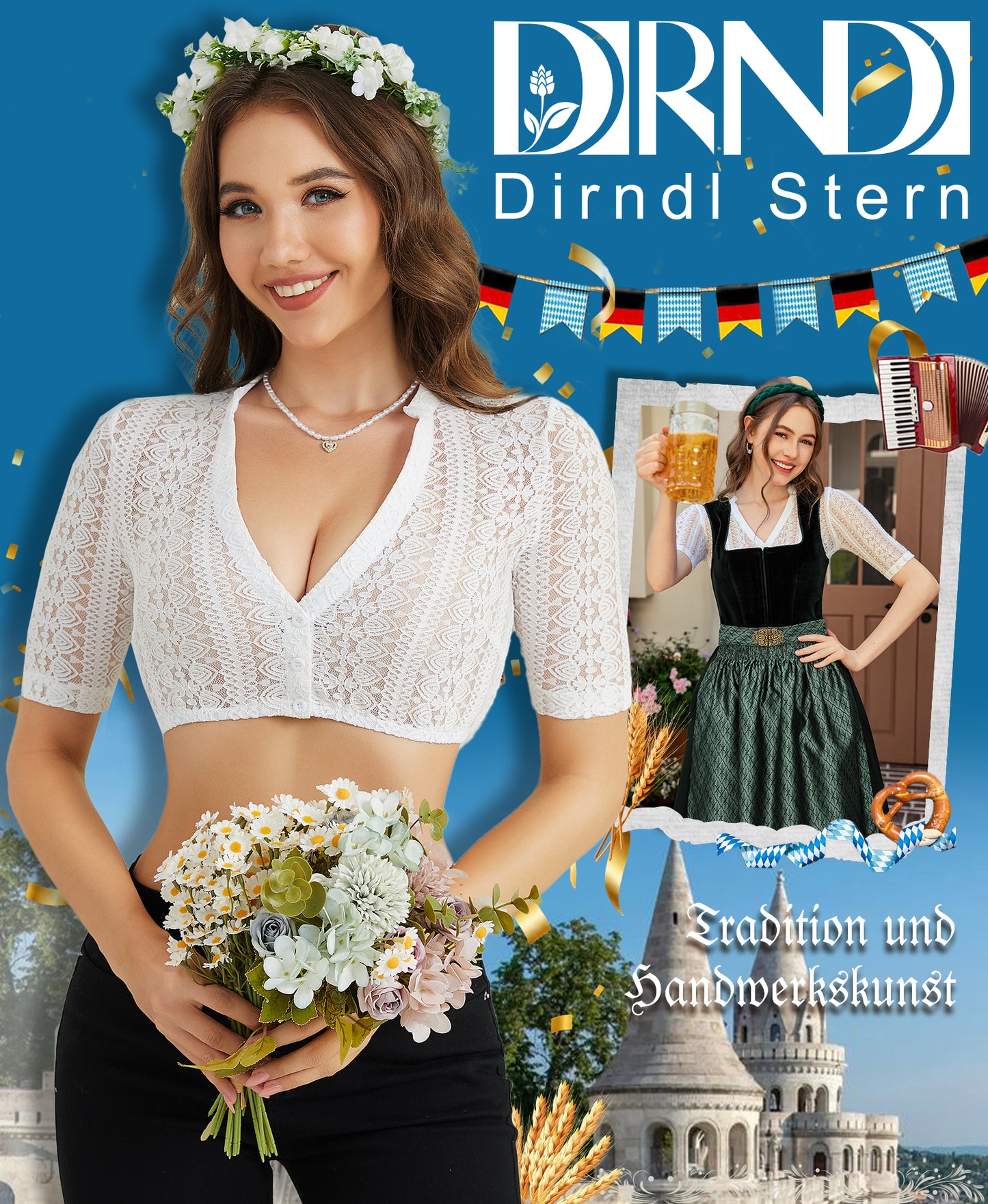 DIRNDLSTERN Dirndlbluse Damen Spitze Weiß Bluse Halbarm Trachtenbluse mit V-Ausschnitt für Oktoberfest
