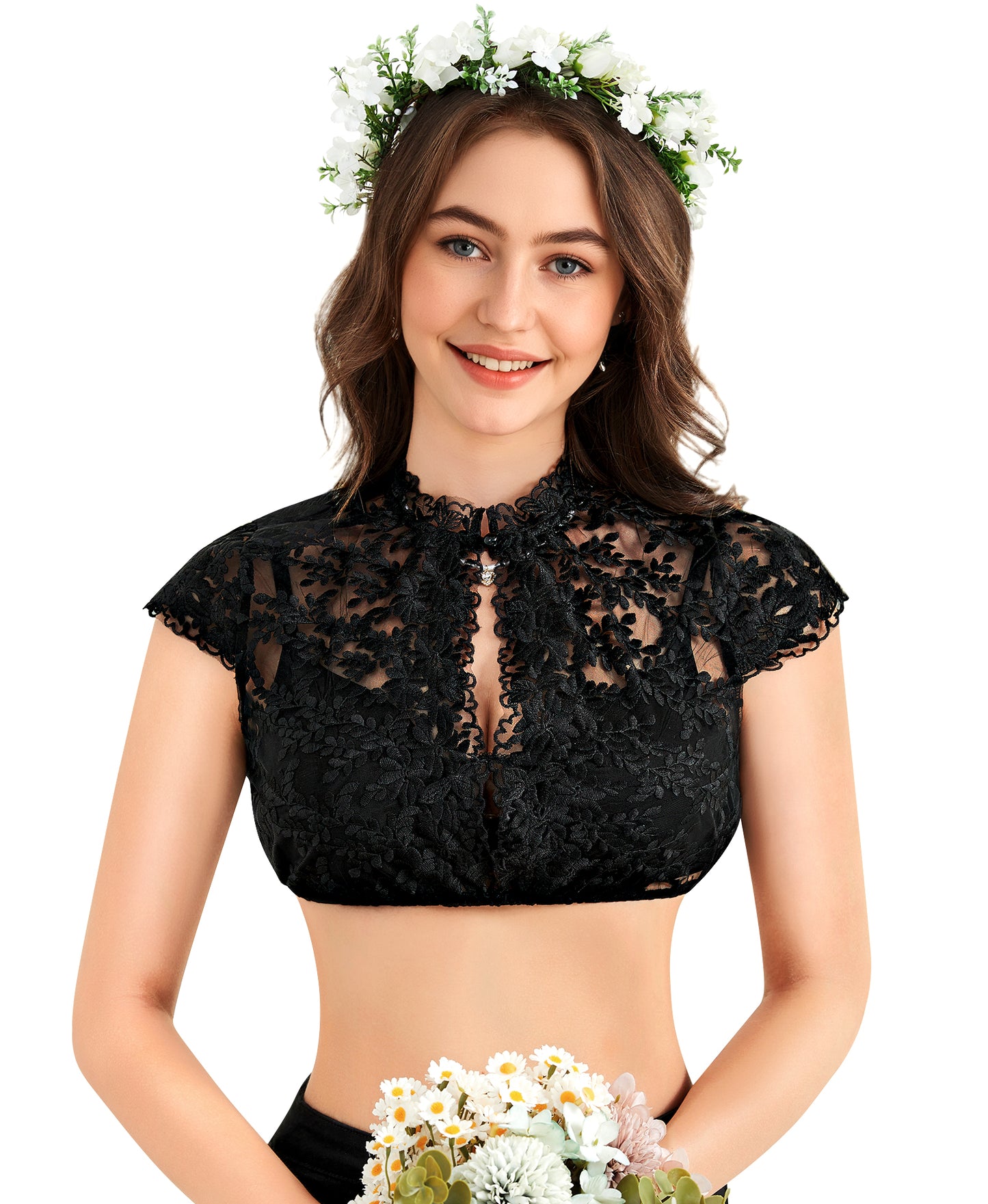DIRNDLSTERN Dirndlbluse Damen Spitze Kurzarm - Trachtenbluse Bluse Oktoberfest Outfit Weiß