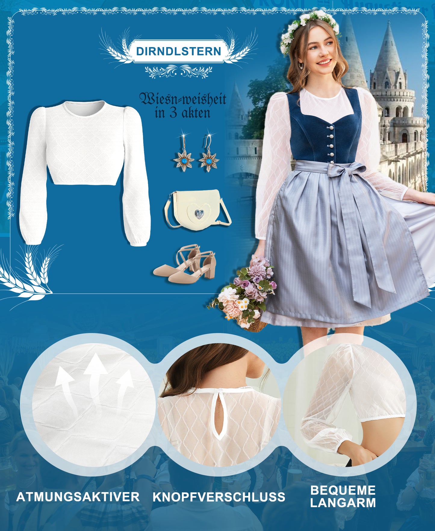 DIRNDLSTERN Bluse Damen Weiß - Dirndlbluse Langarm Trachtenbluse Elegant für Oktoberfest
