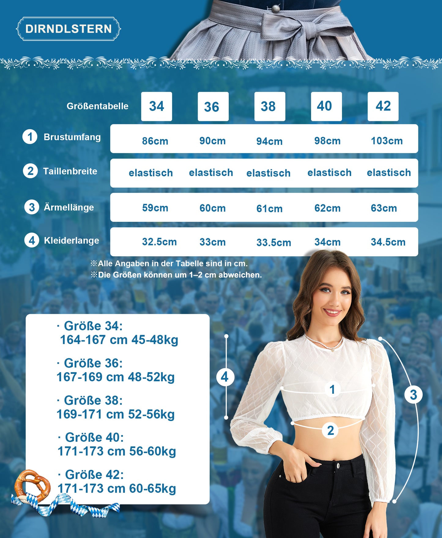 DIRNDLSTERN Bluse Damen Weiß - Dirndlbluse Langarm Trachtenbluse Elegant für Oktoberfest