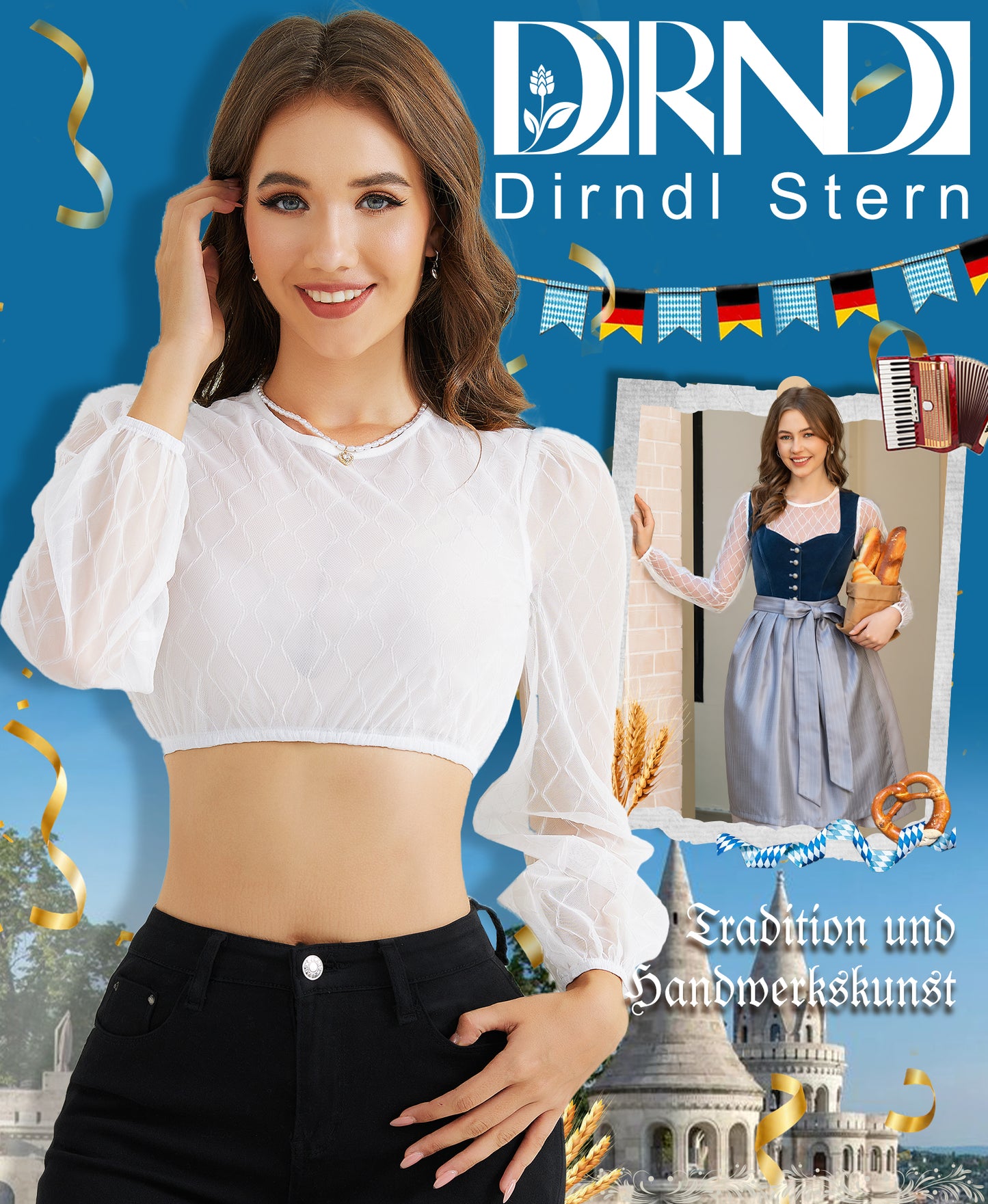 DIRNDLSTERN Bluse Damen Weiß - Dirndlbluse Langarm Trachtenbluse Elegant für Oktoberfest
