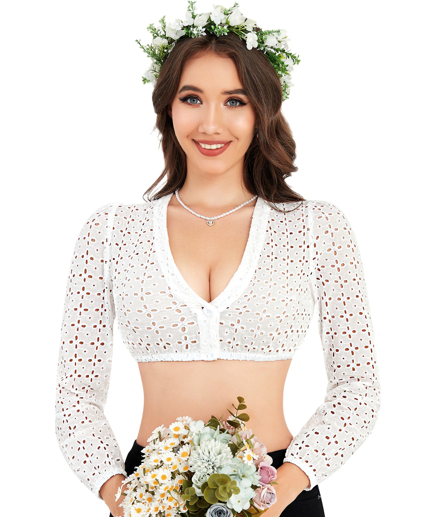 DIRNDLSTERN Dirndlbluse Damen Weiß Langarm Bluse Trachtenbluse V-Ausschnitt Dirndlblusen für Oktoberfest