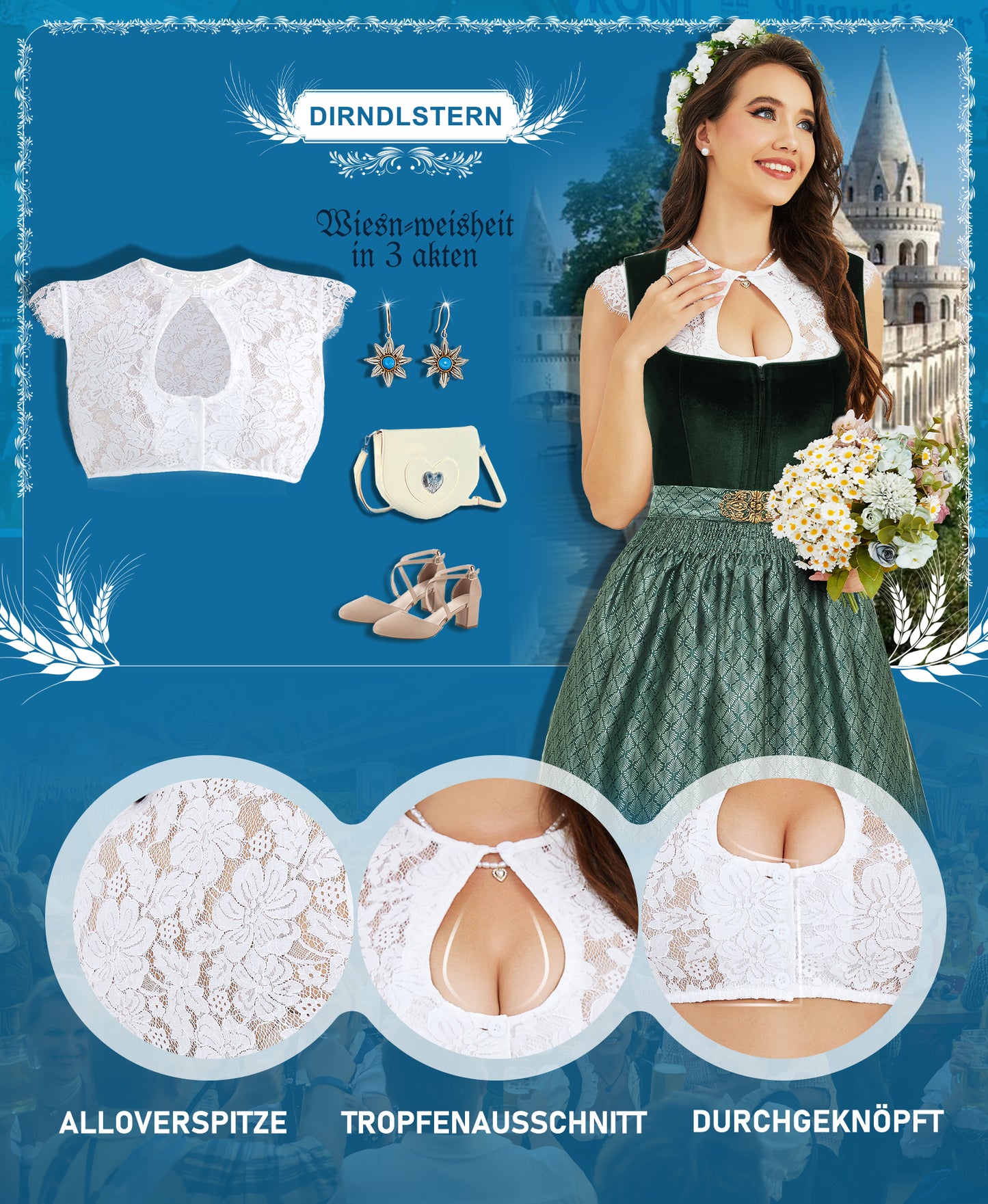 DIRNDLSTERN Damen Dirndlbluse Spitze Kurzarm - Bluse Weiß Elegante Trachtenbluse für Oktoberfest