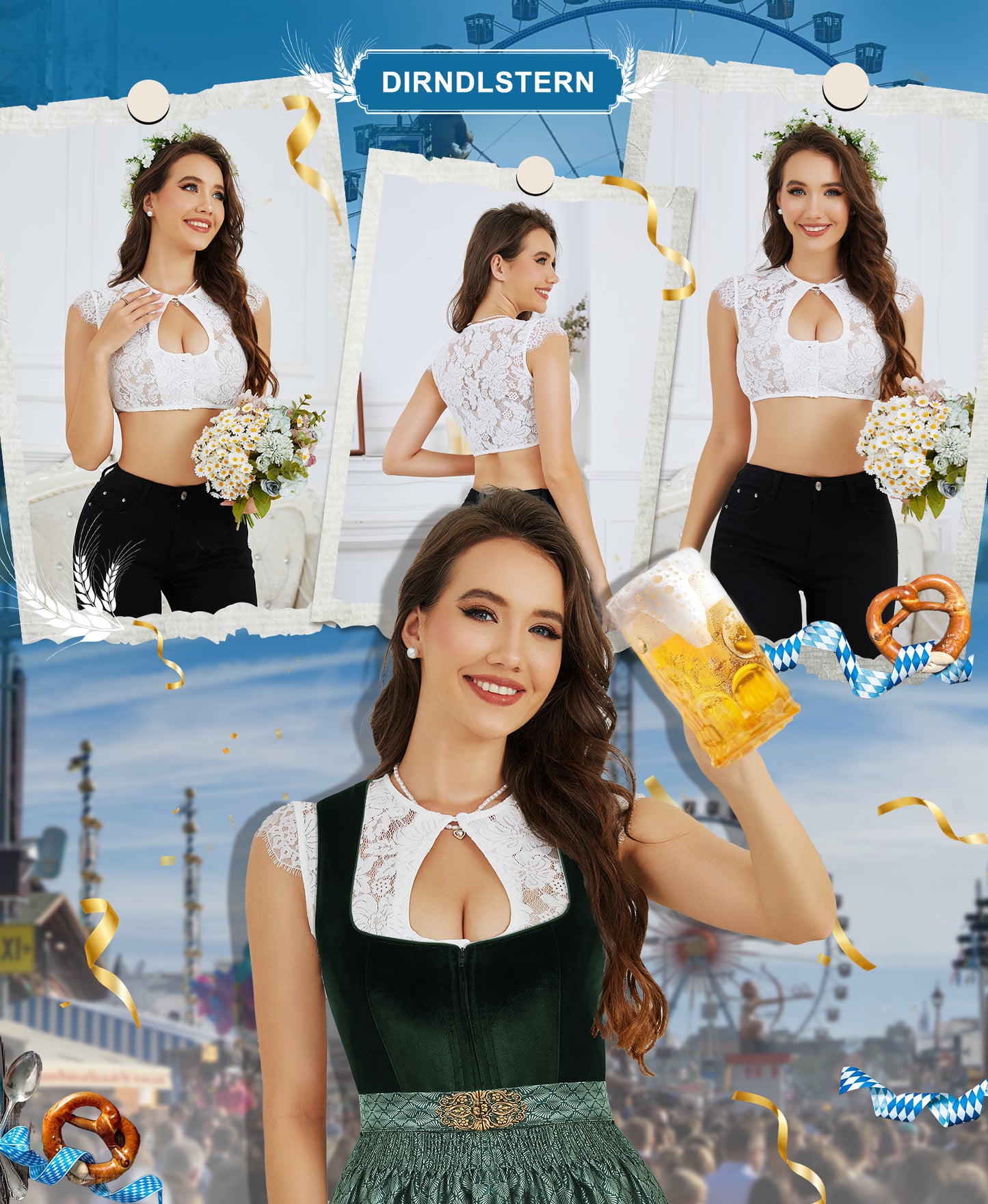 DIRNDLSTERN Damen Dirndlbluse Spitze Kurzarm - Bluse Weiß Elegante Trachtenbluse für Oktoberfest