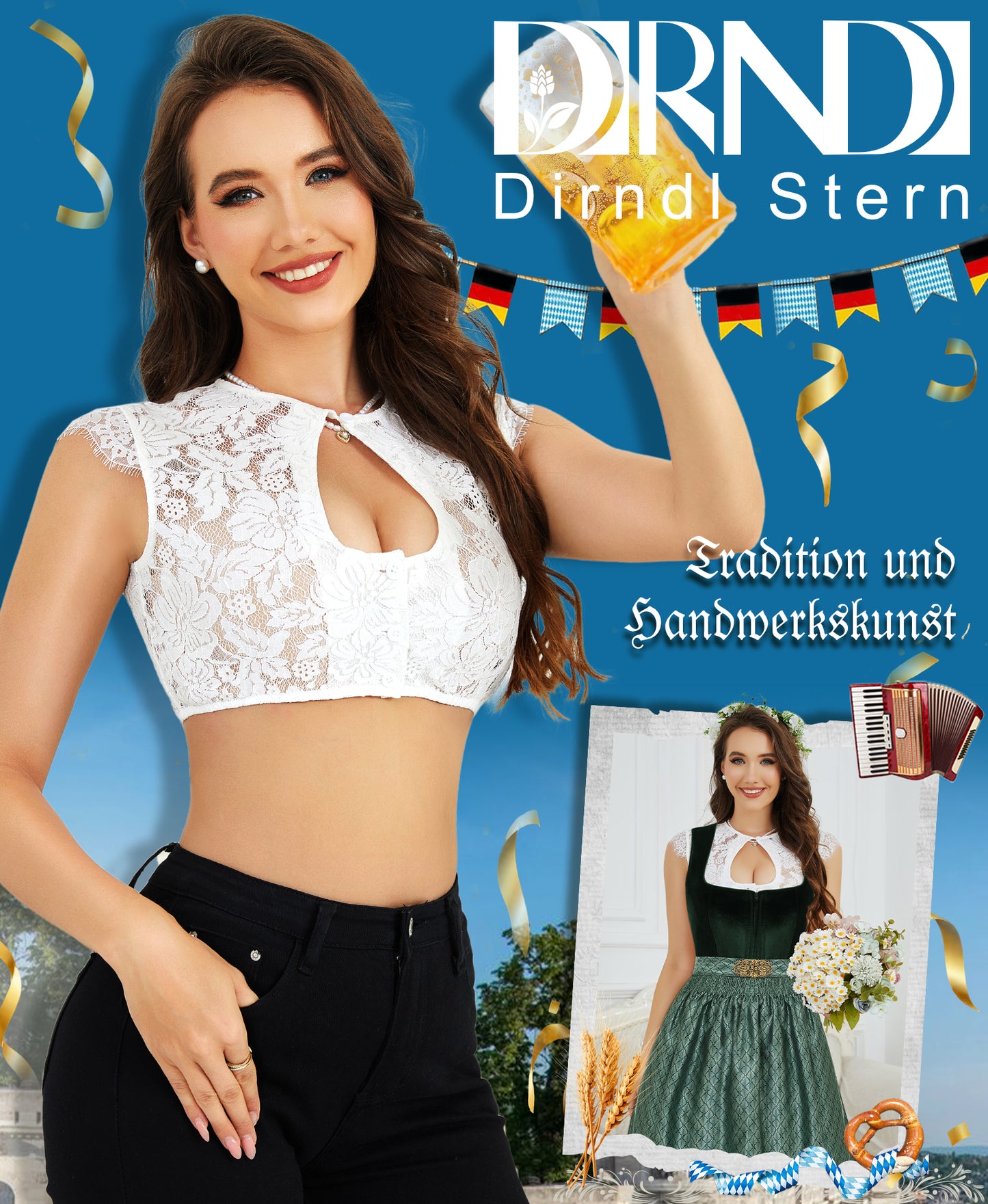 DIRNDLSTERN Damen Dirndlbluse Spitze Kurzarm - Bluse Weiß Elegante Trachtenbluse für Oktoberfest