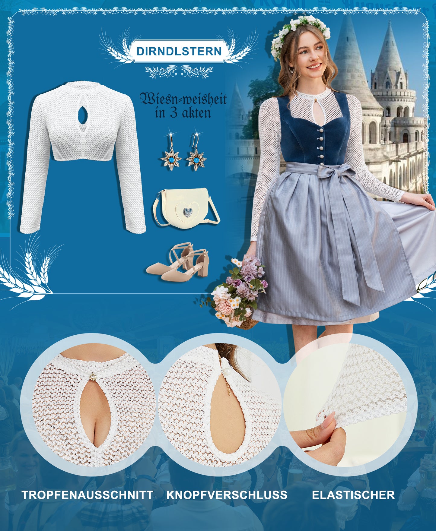 DIRNDLSTERN Dirndlbluse Damen Langarm Weiß Bluse Spitze Trachtenbluse Hochgeschlossen Elegant für Oktoberfest