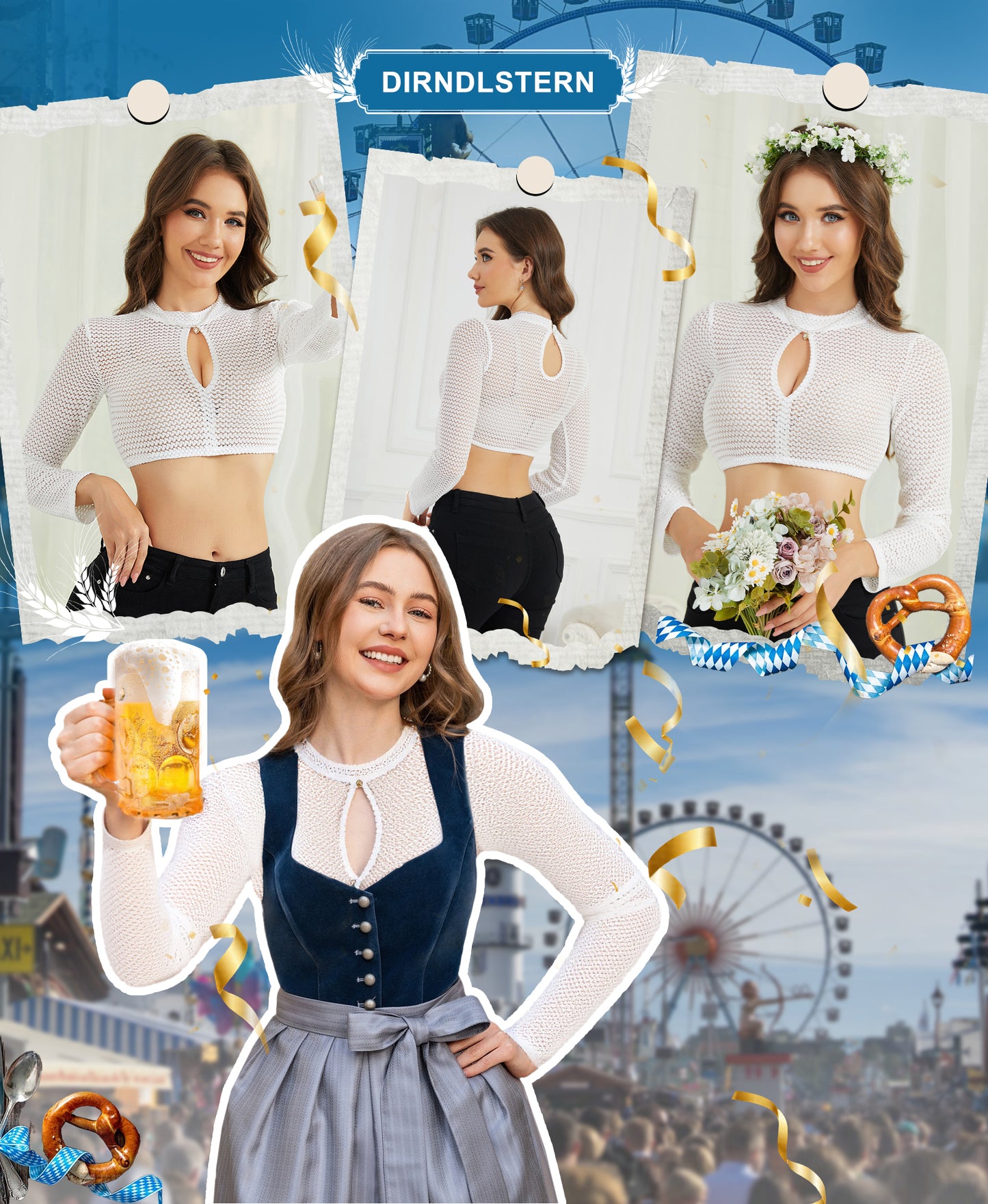 DIRNDLSTERN Dirndlbluse Damen Langarm Weiß Bluse Spitze Trachtenbluse Hochgeschlossen Elegant für Oktoberfest