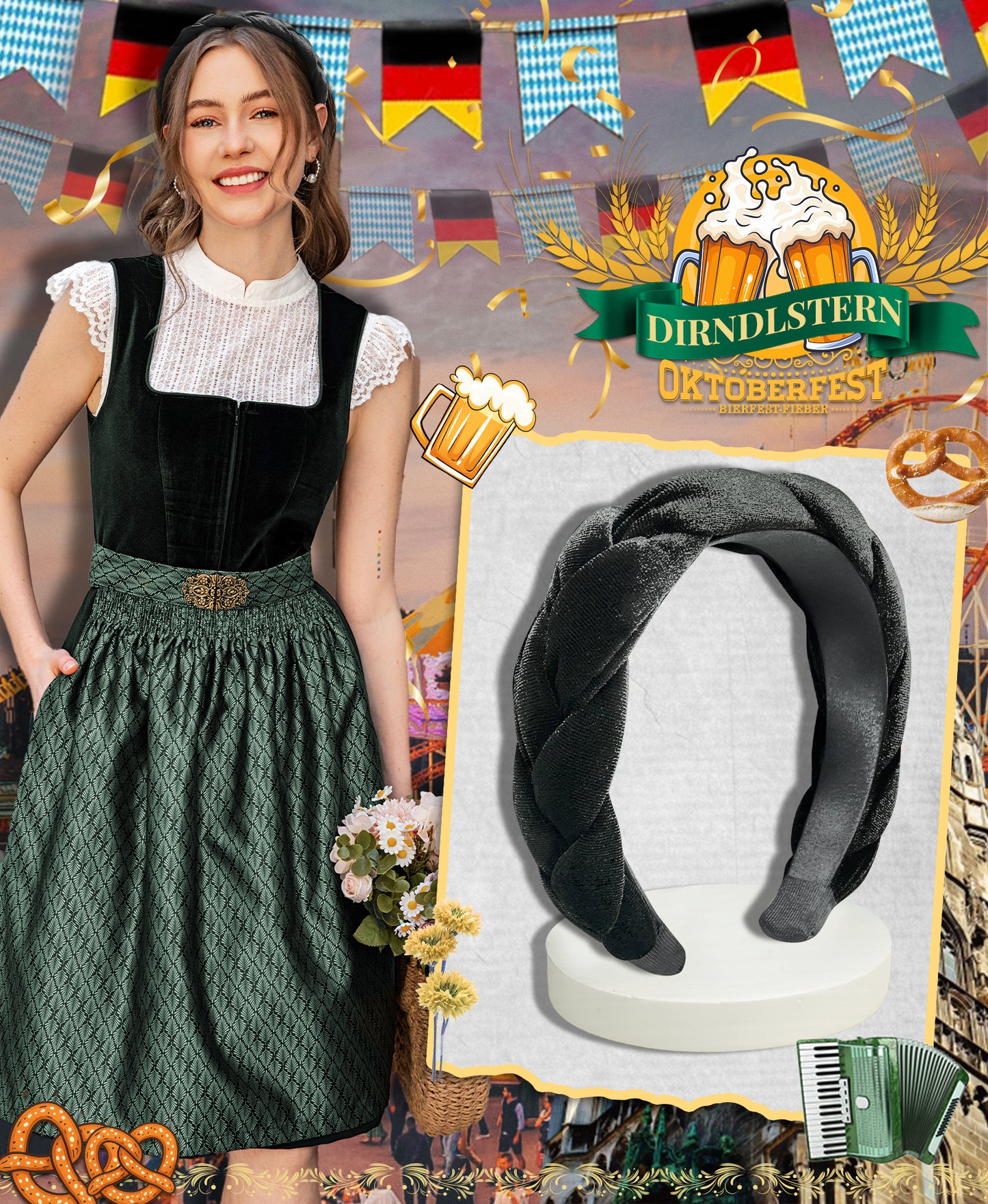 DIRNDLSTERN Geflochtener Trachten Haarreifen Damen - Haarschmuck Haarreif Dirndl Samt Oktoberfest Accessoires