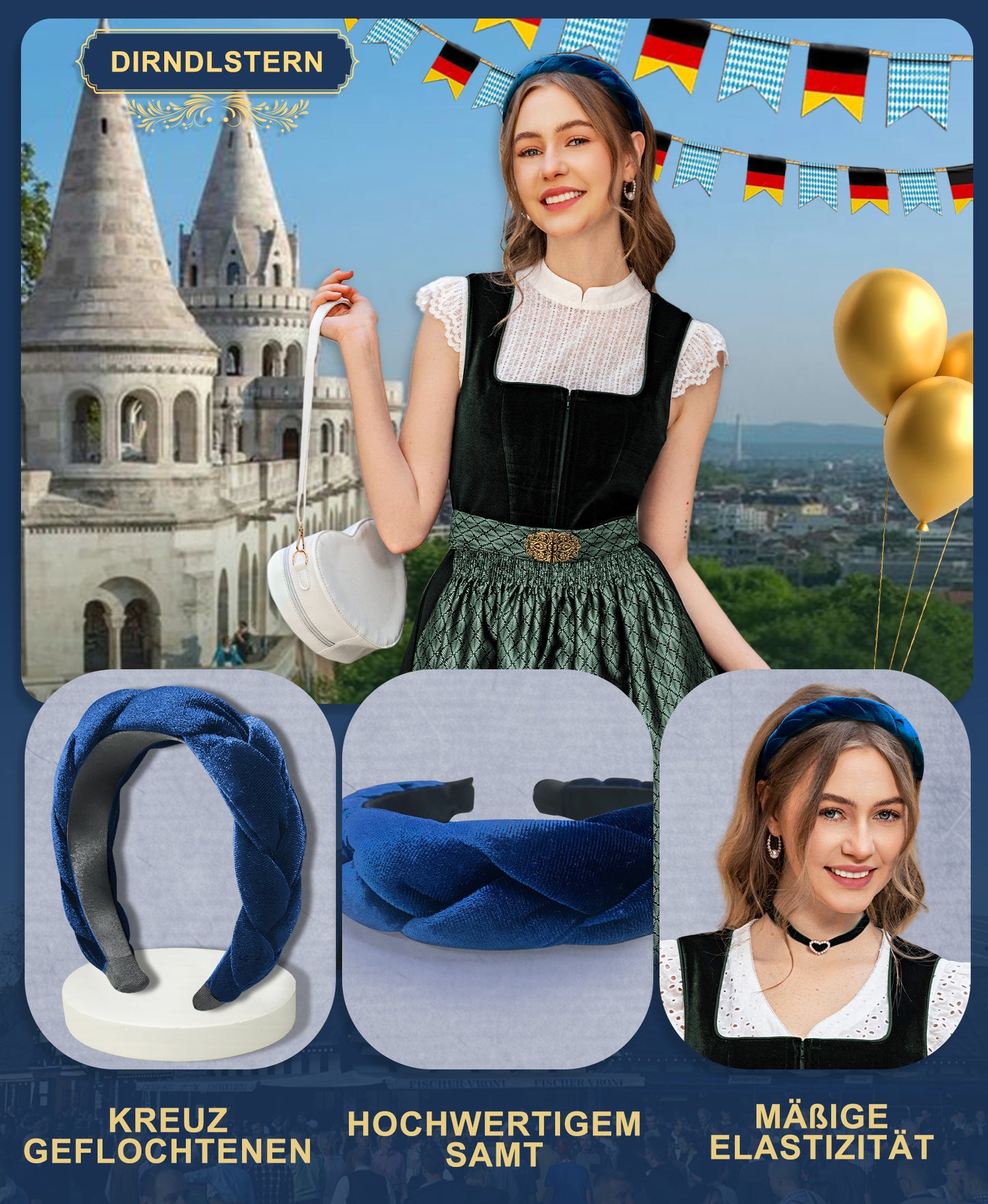 DIRNDLSTERN Geflochtener Trachten Haarreifen Damen - Haarschmuck Haarreif Dirndl Samt Oktoberfest Accessoires