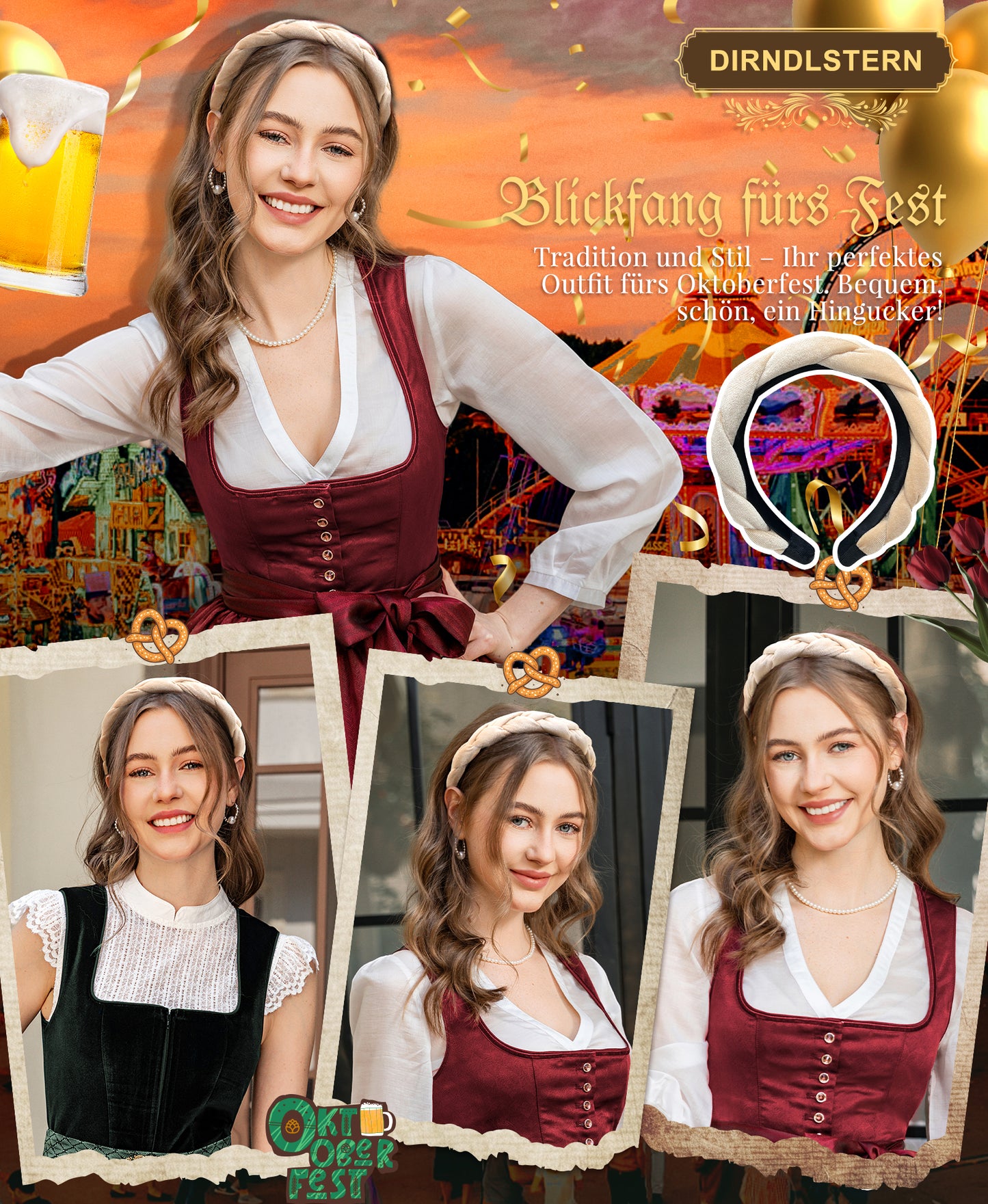 DIRNDLSTERN Geflochtener Trachten Haarreifen Damen - Haarschmuck Haarreif Dirndl Samt Oktoberfest Accessoires