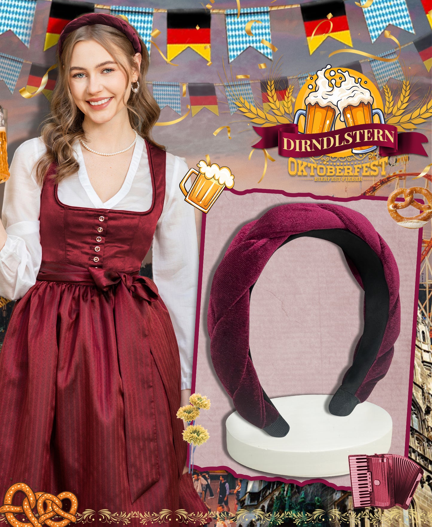 DIRNDLSTERN Geflochtener Trachten Haarreifen Damen - Haarschmuck Haarreif Dirndl Samt Oktoberfest Accessoires
