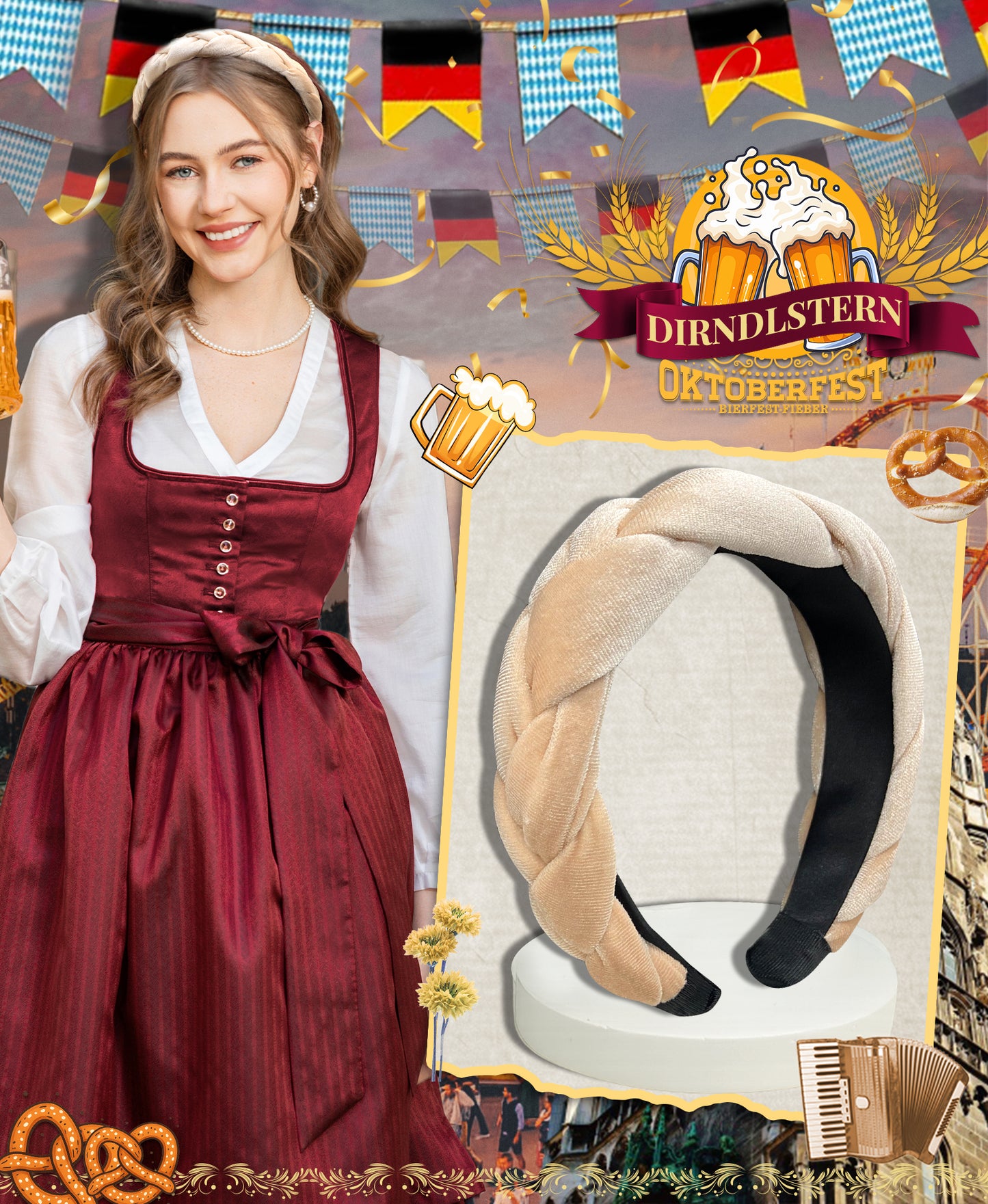 DIRNDLSTERN Geflochtener Trachten Haarreifen Damen - Haarschmuck Haarreif Dirndl Samt Oktoberfest Accessoires