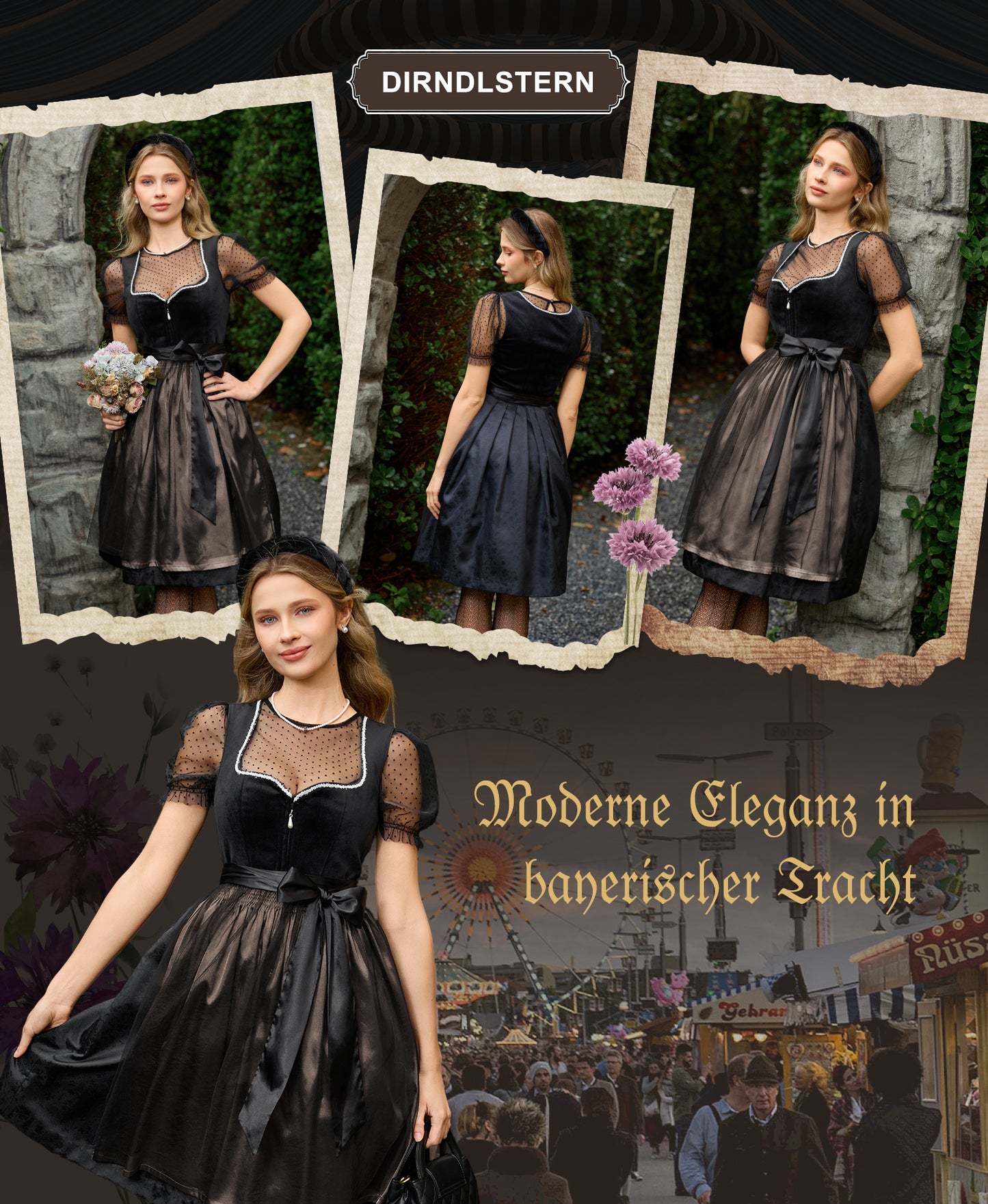 DIRNDLSTERN Trachtenkleid Damen Schwarz - Samt Midi Oktoberfest Outfit Dirndlkleid mit Jacquard 2026 Schwarz