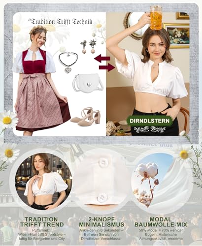 DIRNDLSTERN Dirndl Bluse Damen Weiß - Dirndlbluse Puffärmel Trachtenbluse Modern Oktoberfest Outfit