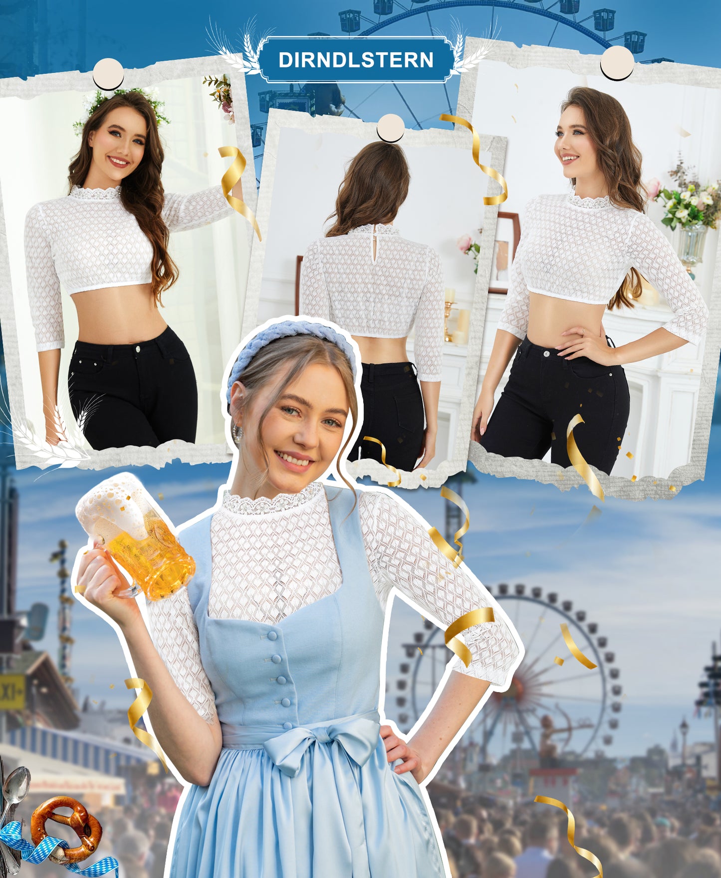 DIRNDLSTERN Bluse Damen Weiß - Dirndlbluse Hochgeschlossen Langarm Trachtenbluse für Oktoberfest