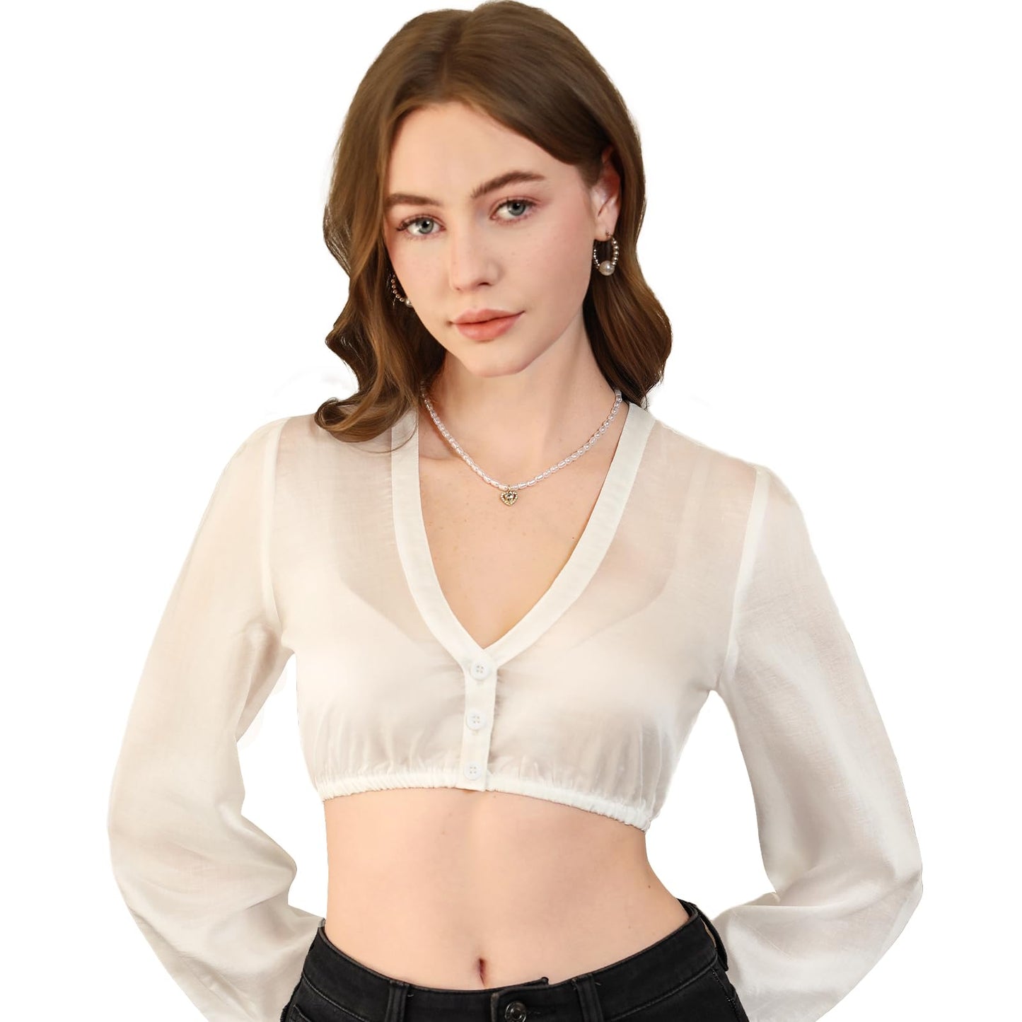 DIRNDLSTERN Dirndl Bluse Damen Weiß - Dirndlbluse langarm V-Ausschnitt Knopfleiste Trachtenbluse für Oktoberfest & Karneval