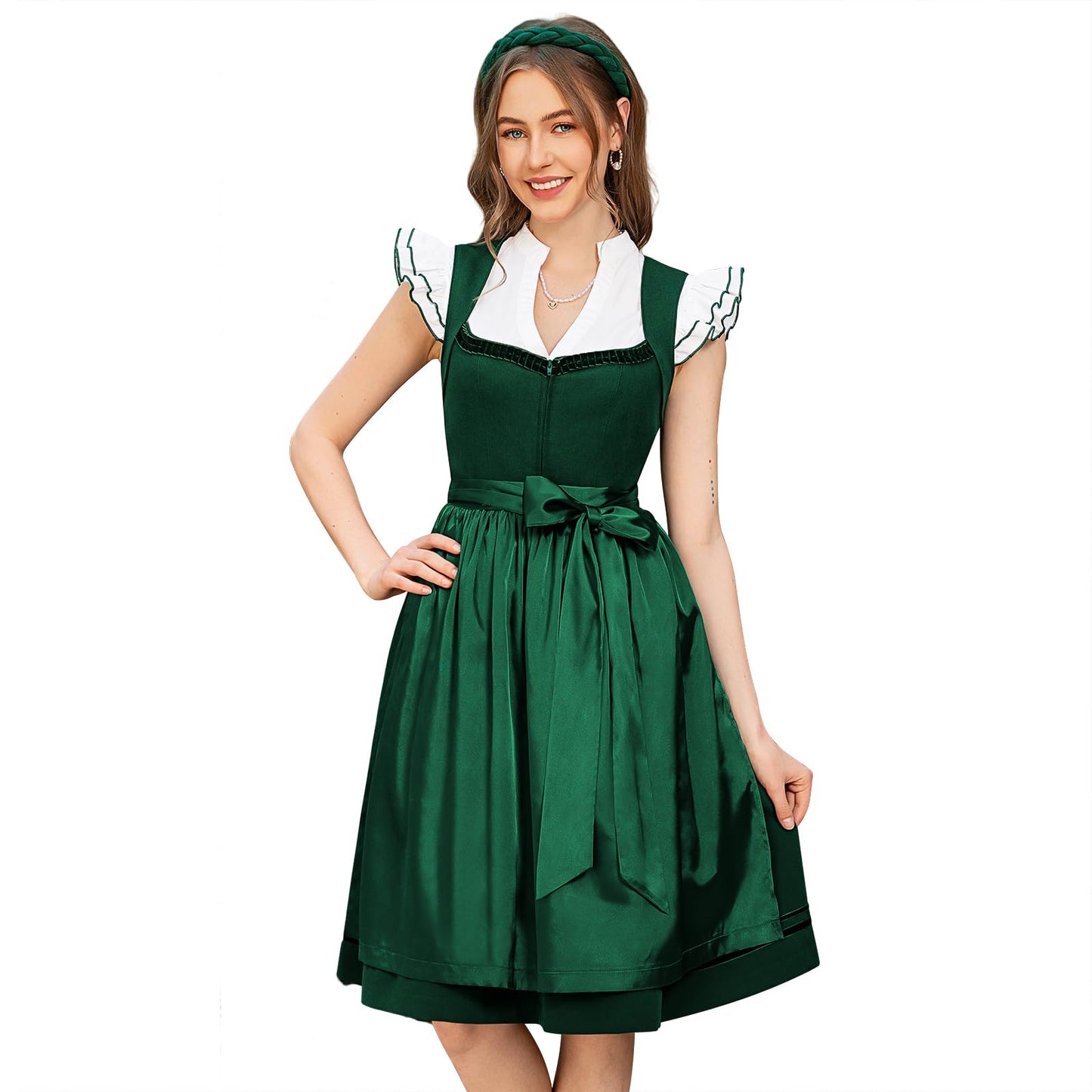 Damen Trachtenrock Grün - Midi Trachtenkleid für Oktoberfest Leinen Dirndlkleid mit Dirndlschürzen