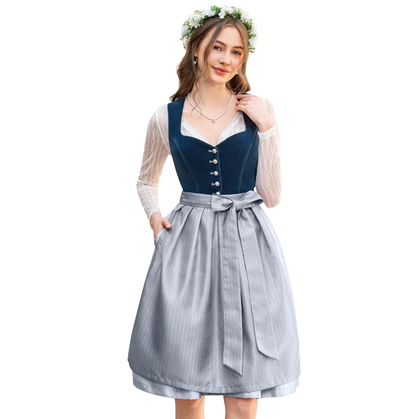 Damen Midi Blau - Dirndlkleid Samt Trachtenmode Kleid mit Dirndlschürze Trachtenkleid für Oktoberfest