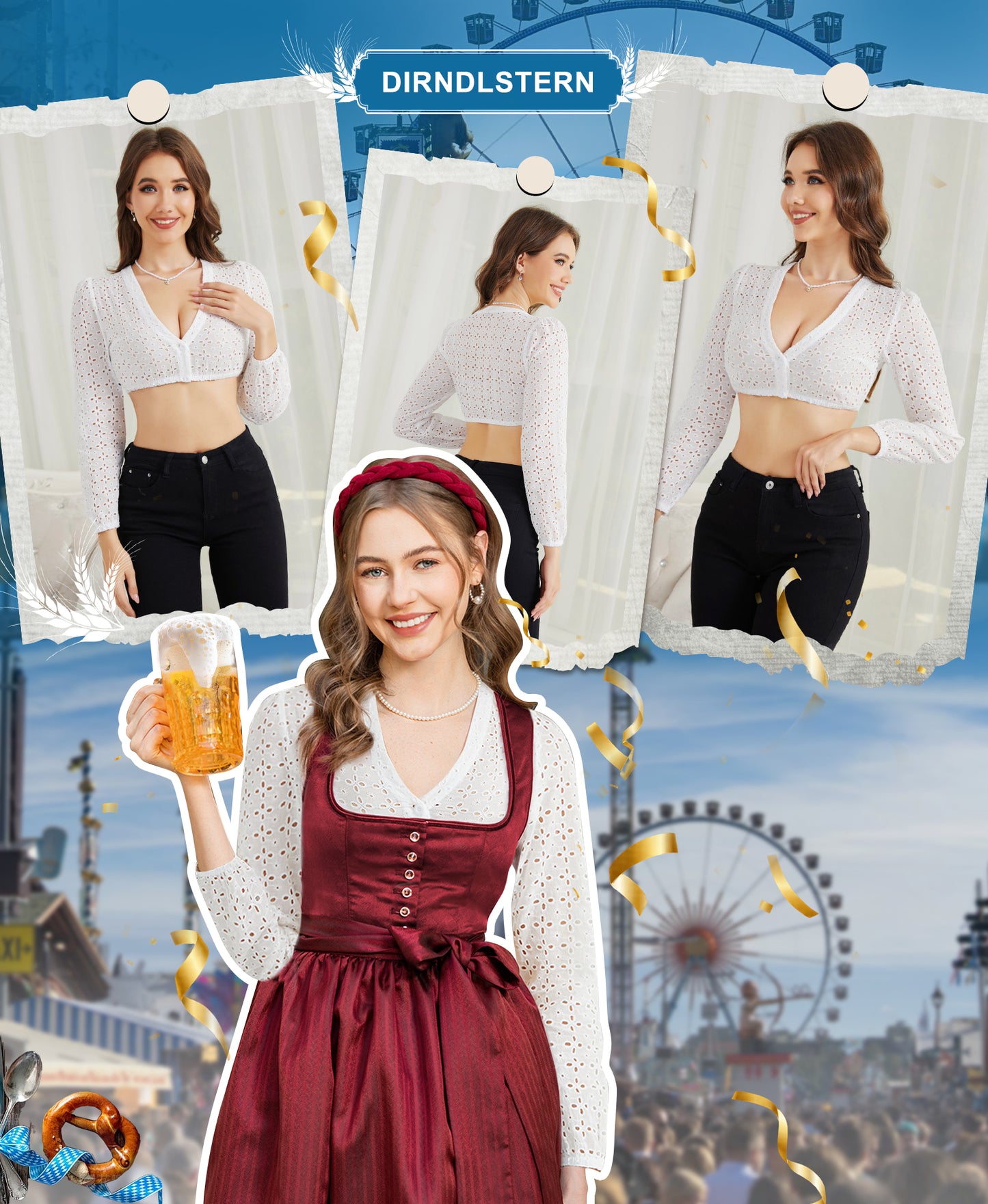 DIRNDLSTERN Dirndlbluse Damen Weiß Langarm Bluse Trachtenbluse V-Ausschnitt Dirndlblusen für Oktoberfest