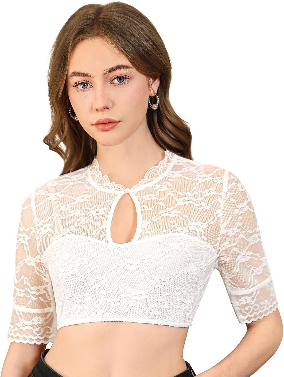 Bluse Damen Weiß – Elegante Kurzarm Dirndlbluse mit Spitze und Teardrop-Ausschnitt für Oktoberfest