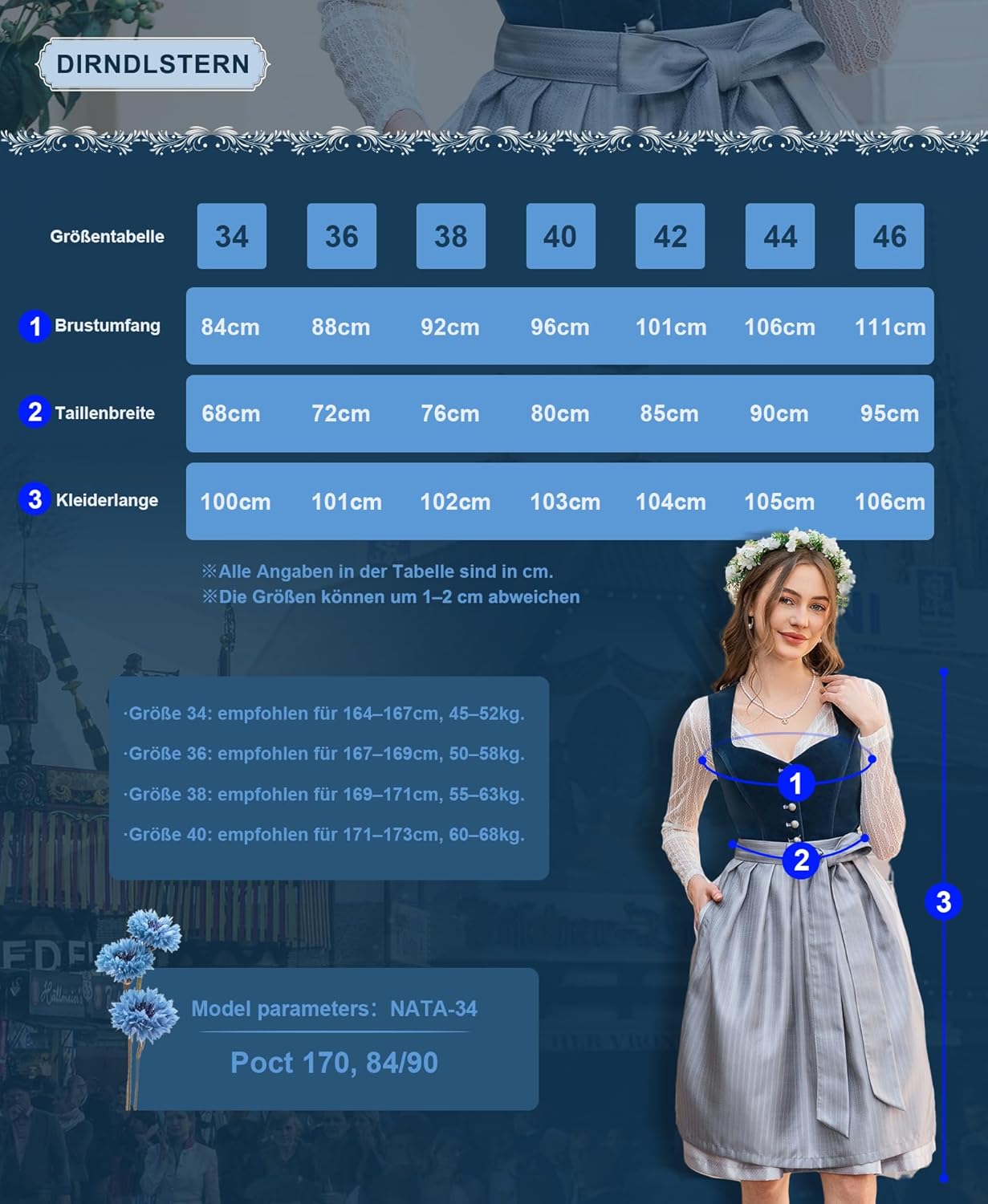 Damen Midi Blau - Dirndlkleid Samt Trachtenmode Kleid mit Dirndlschürze Trachtenkleid für Oktoberfest