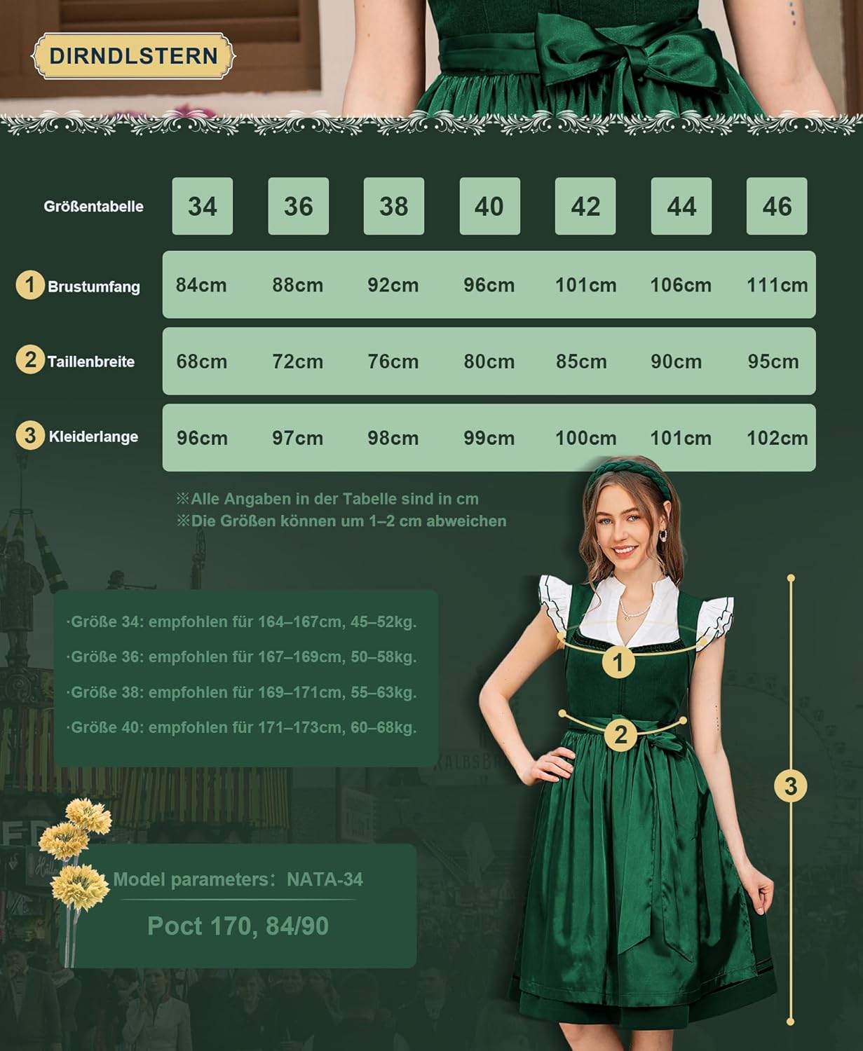 Damen Trachtenrock Grün - Midi Trachtenkleid für Oktoberfest Leinen Dirndlkleid mit Dirndlschürzen