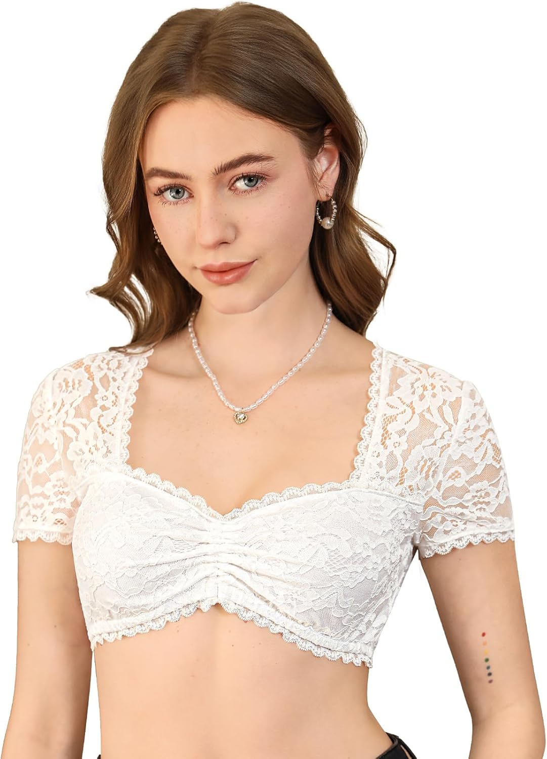 Bluse Damen Spitze - Dirndlbluse Weiß Herzausschnitt Trachtenbluse Kurzarm für Oktoberfest