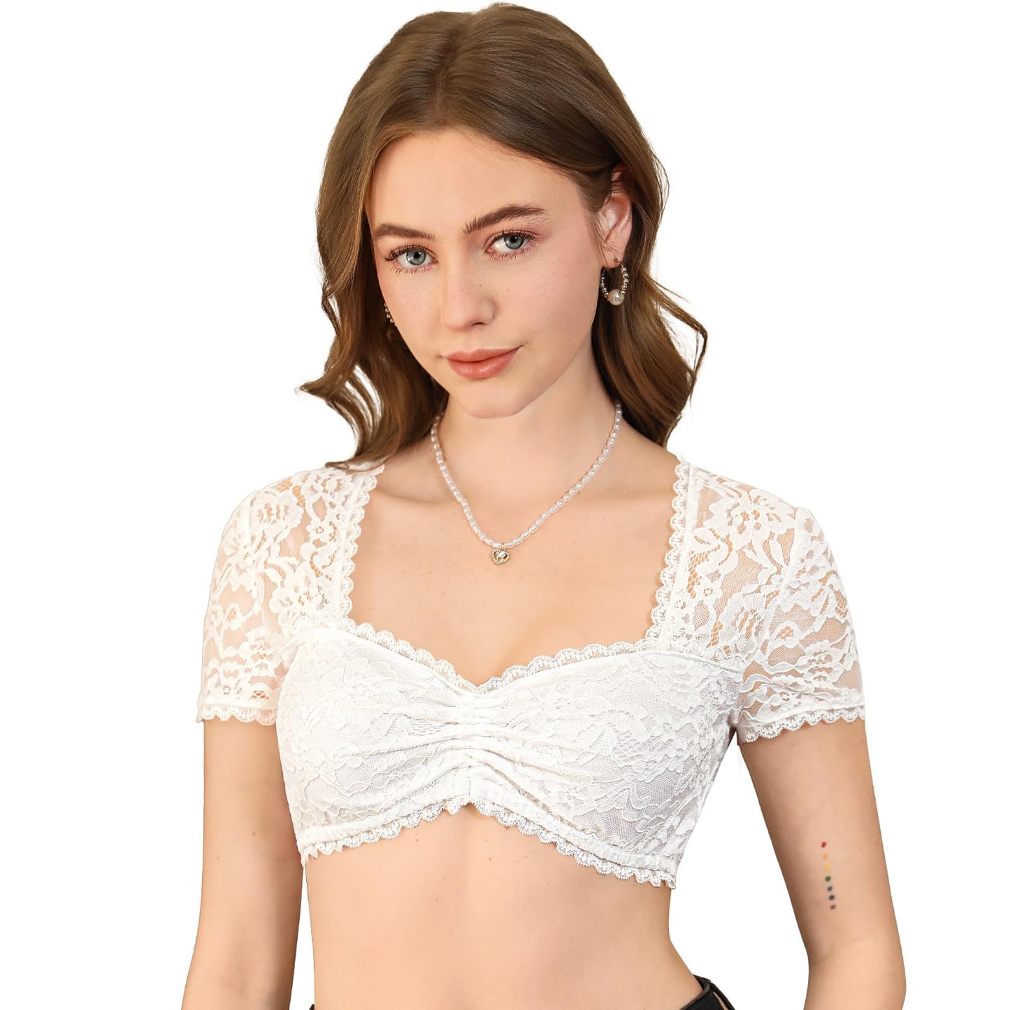 Bluse Damen Spitze - Dirndlbluse Weiß Herzausschnitt Trachtenbluse Kurzarm für Oktoberfest
