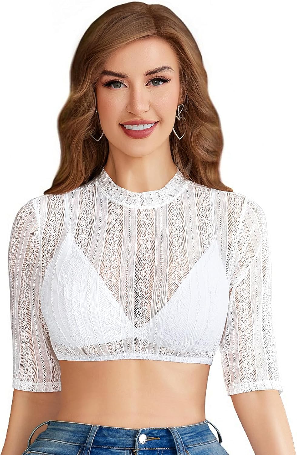 Funspread Damen Dirndl Bluse Spitze - Dirndlbluse Weiß Hochgeschlossene Langarm Trachtenbluse