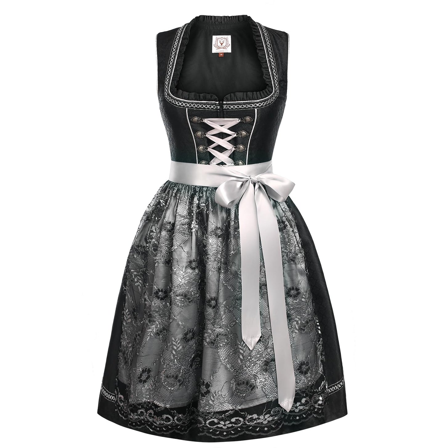 Dirndl Damen Midi Schwarz - Dirndlkleid mit Spitzenschürze Trachtenmode Kleid für Oktoberfest
