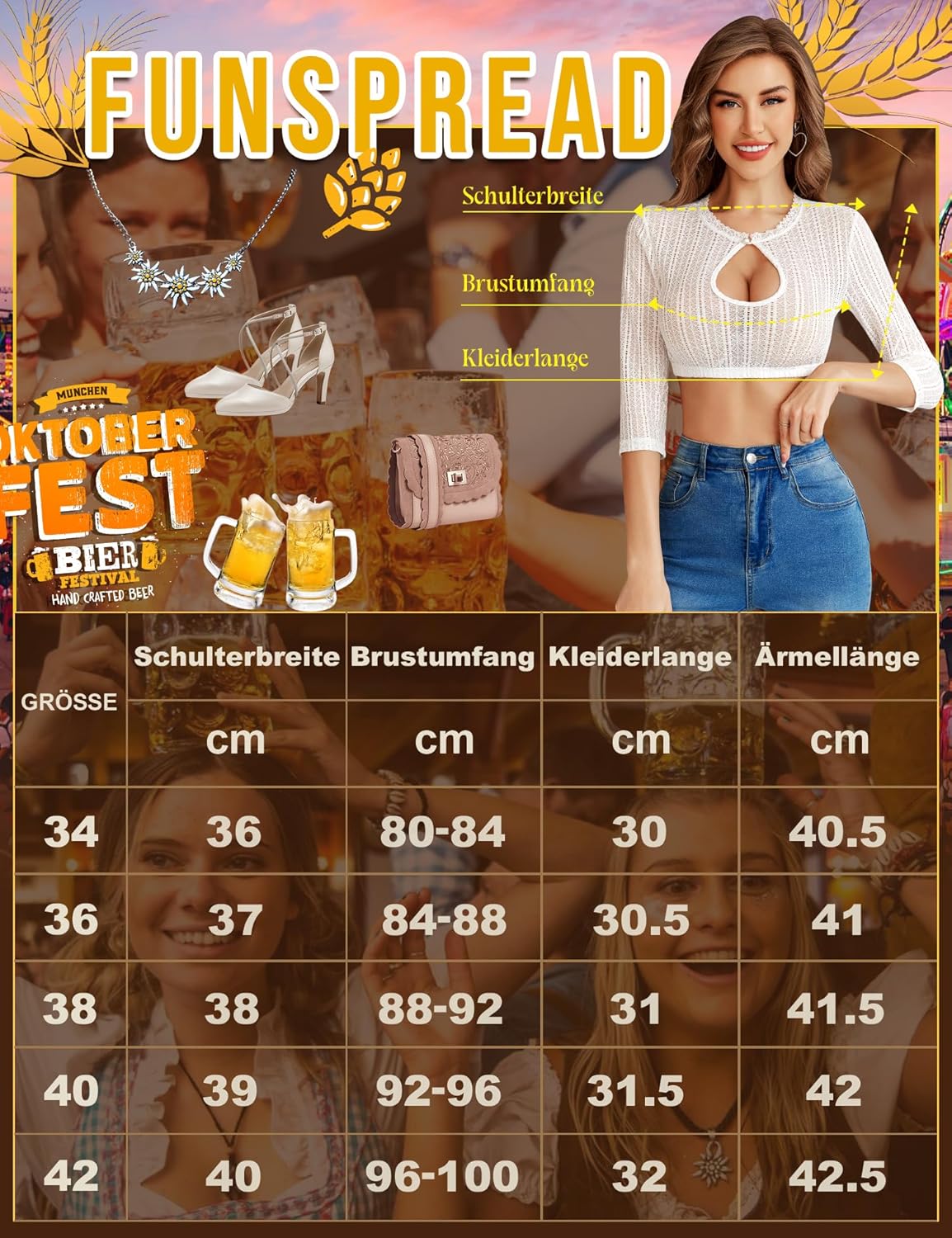 Damen Dirndl Bluse Spitze - Weiß Dirndlbluse Langarm Dirndlblusen Tracht Bluse für Oktoberfest