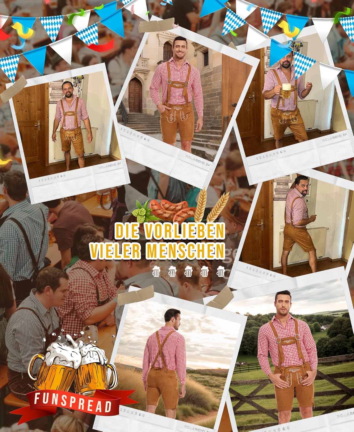 FUNSPREAD Lederhose Herren Tracht Kurz - Trachtenhose Herren mit Trägern Oktoberfest Outfit