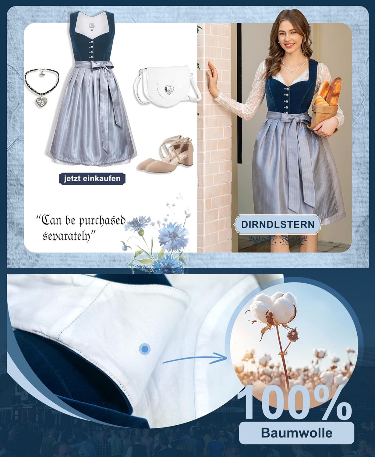Damen Midi Blau - Dirndlkleid Samt Trachtenmode Kleid mit Dirndlschürze Trachtenkleid für Oktoberfest