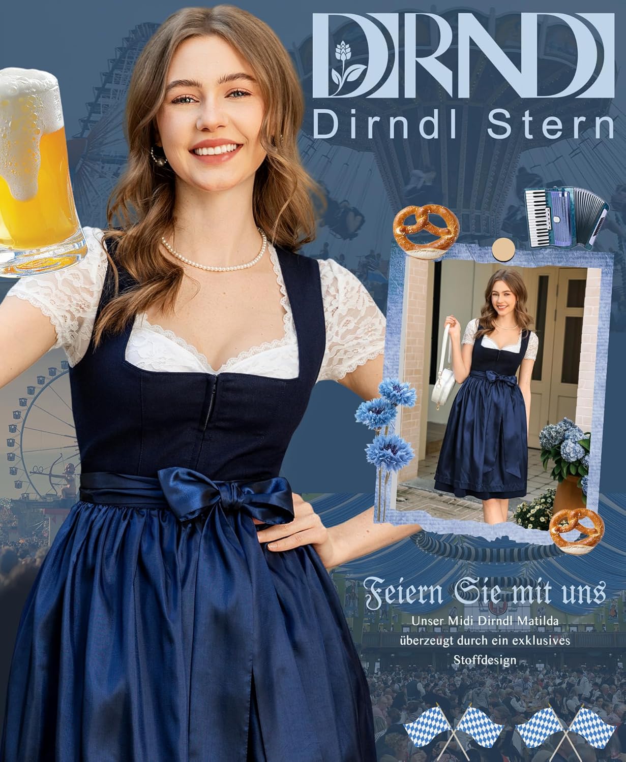 Damen Blau Ohne - Schnürung Midi Damen Outfit Oktoberfest 2025