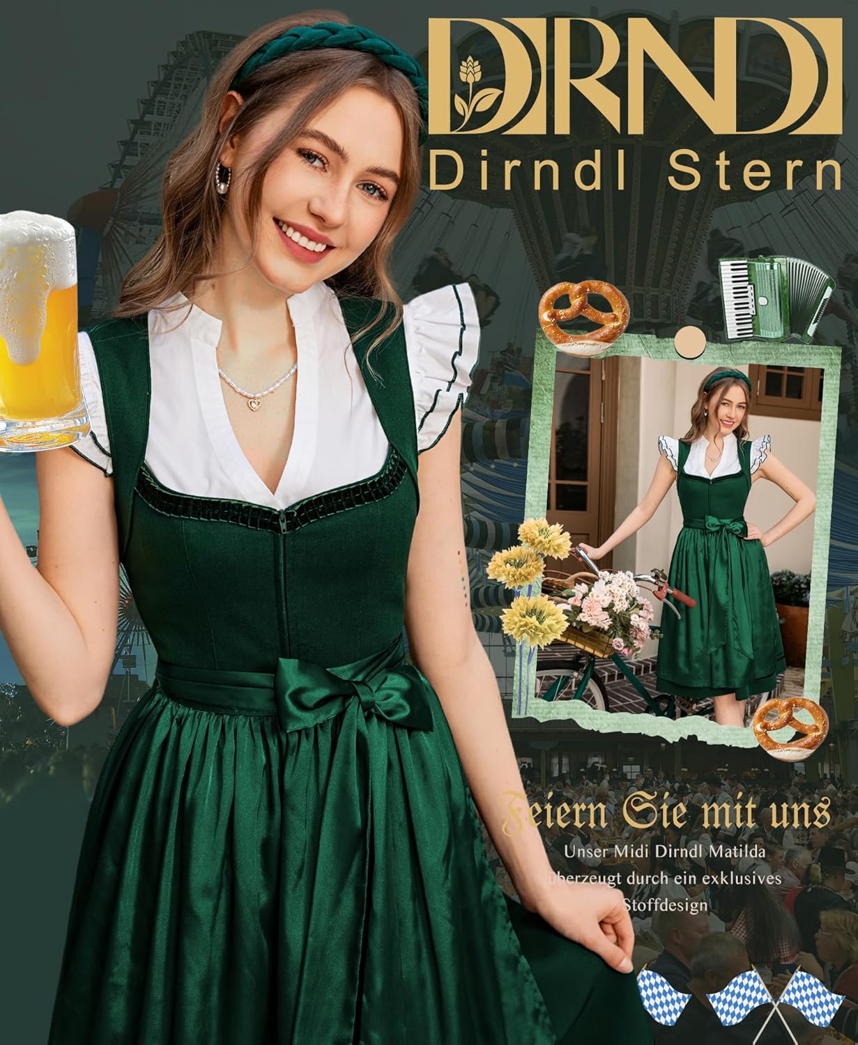Damen Trachtenrock Grün - Midi Trachtenkleid für Oktoberfest Leinen Dirndlkleid mit Dirndlschürzen