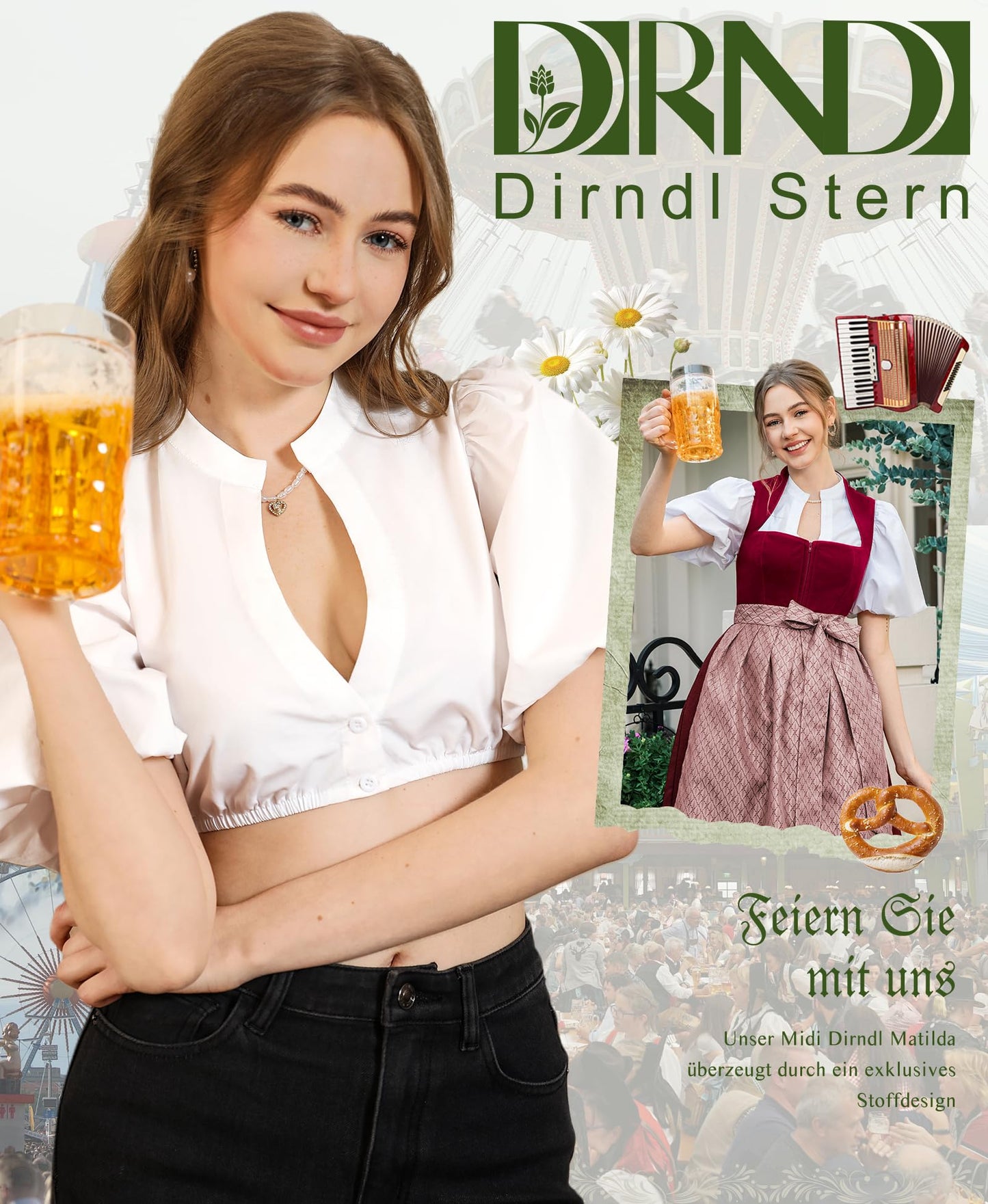 DIRNDLSTERN Dirndl Bluse Damen Weiß - Dirndlbluse Puffärmel Trachtenbluse Modern Oktoberfest Outfit