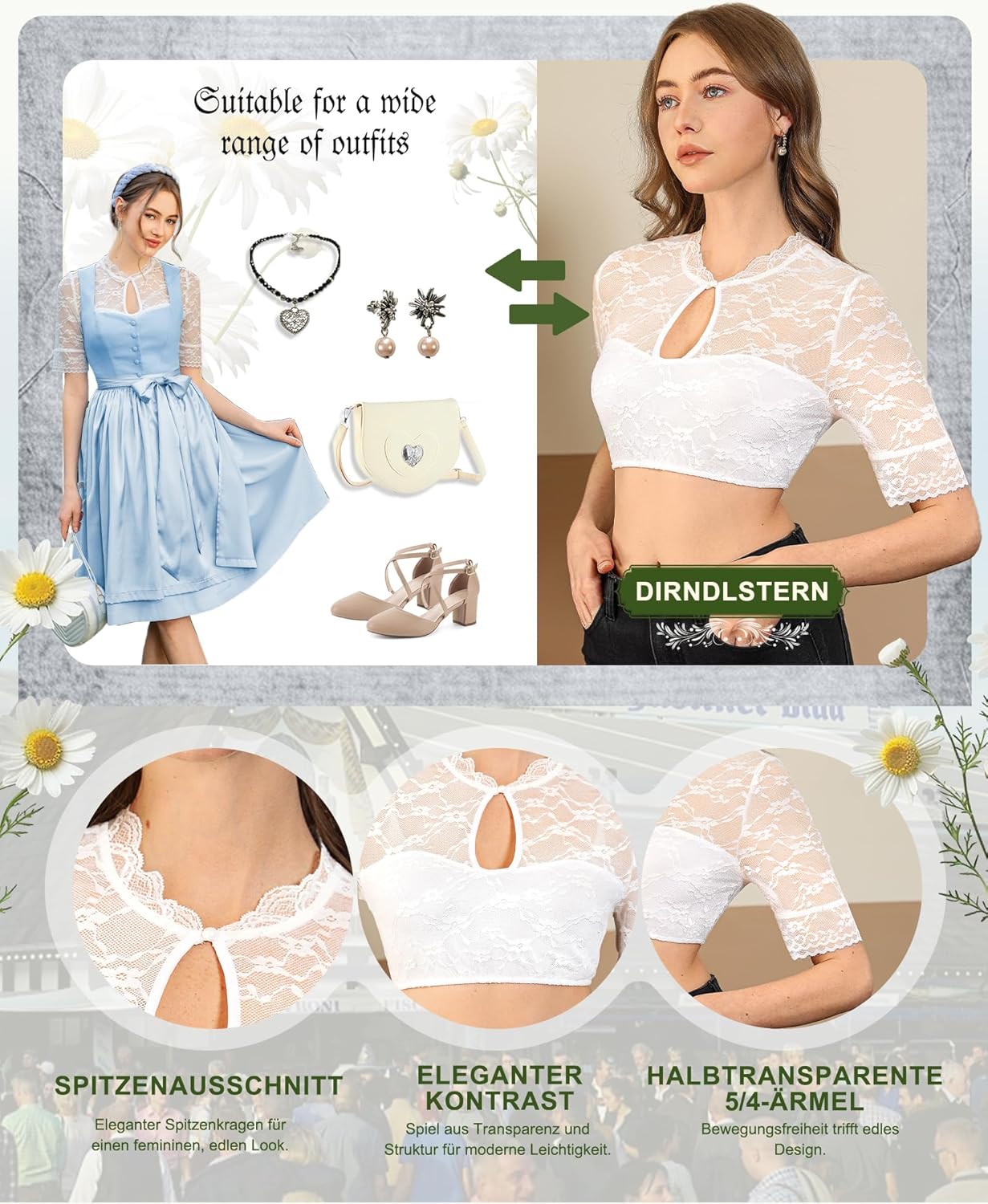 Bluse Damen Weiß – Elegante Kurzarm Dirndlbluse mit Spitze und Teardrop-Ausschnitt für Oktoberfest