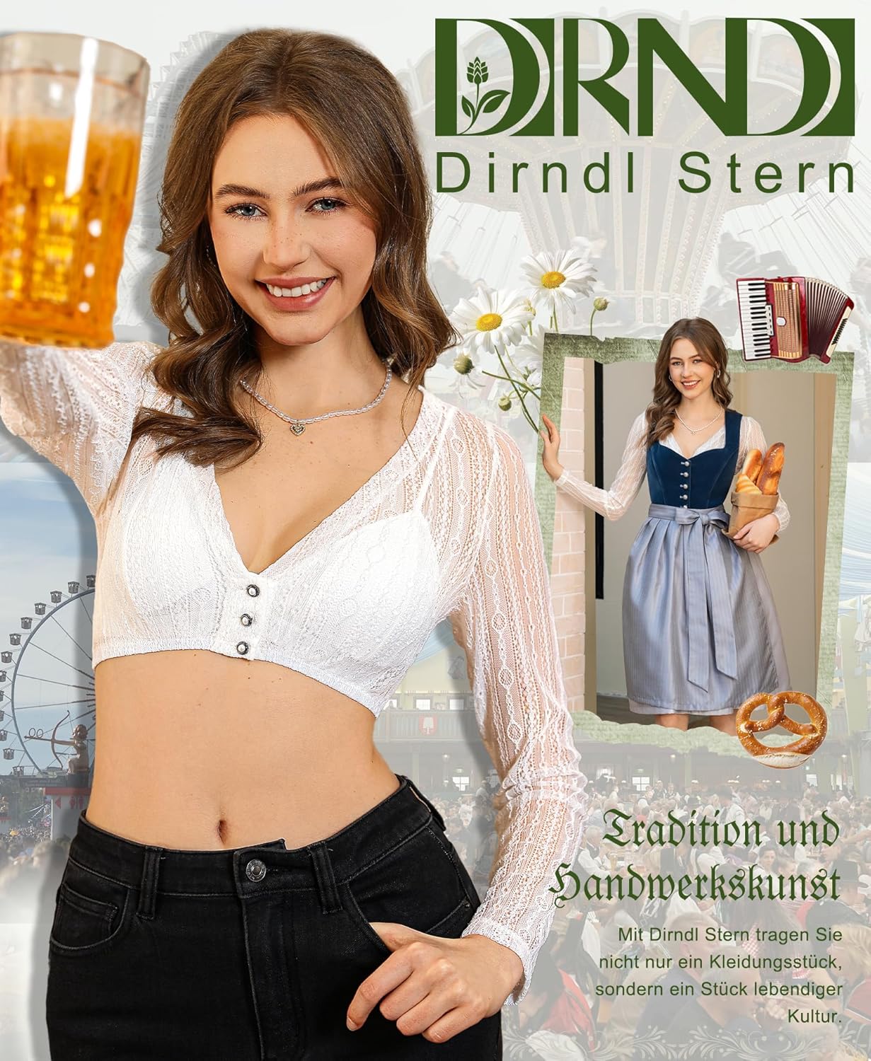 Damen Dirndlbluse Spitze Langarm - Weiß Bluse V-Ausschnitt Knopfleiste Trachtenbluse für Oktoberfest