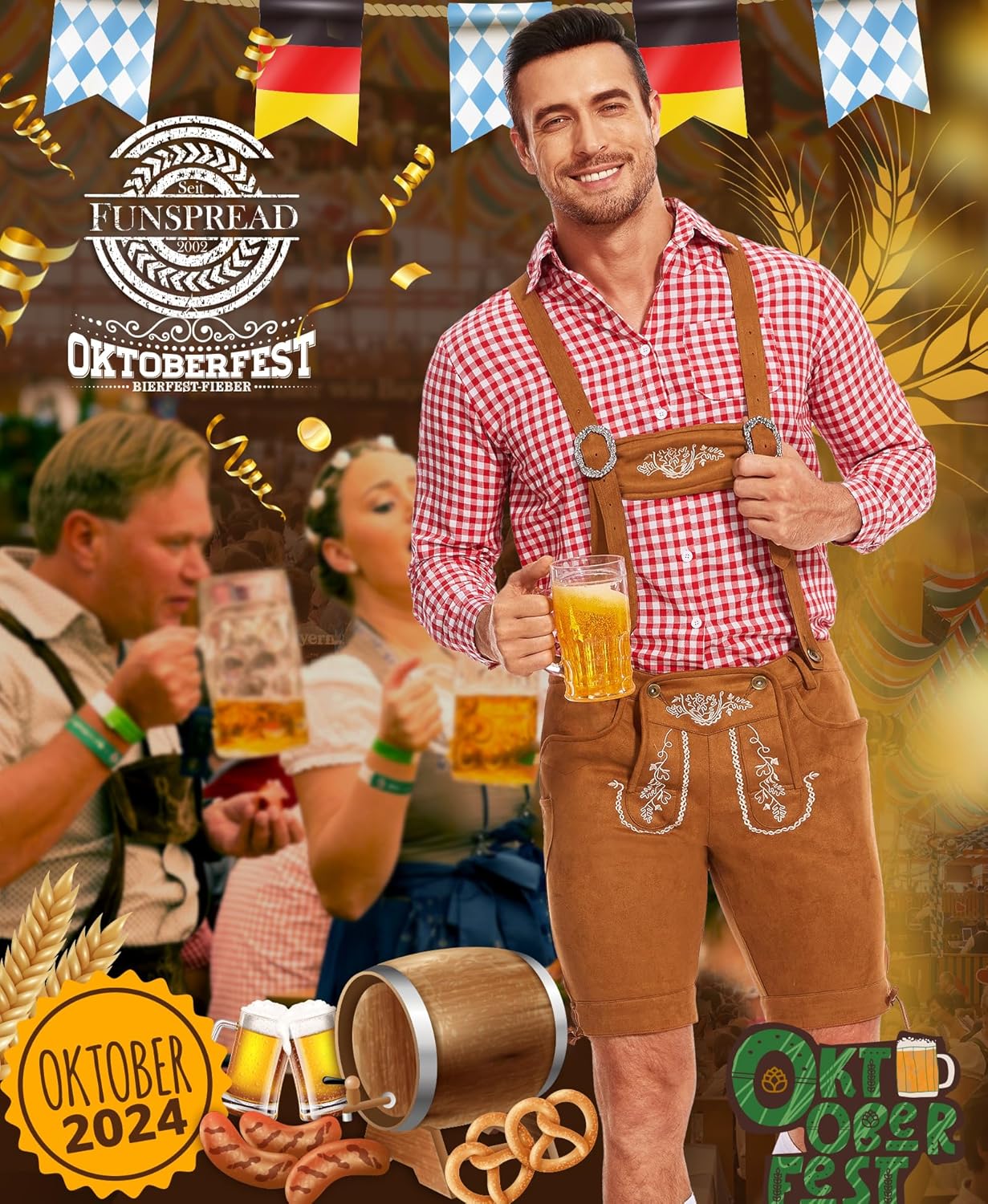 FUNSPREAD Lederhose Herren Tracht Kurz - Trachtenhose Herren mit Trägern Oktoberfest Outfit