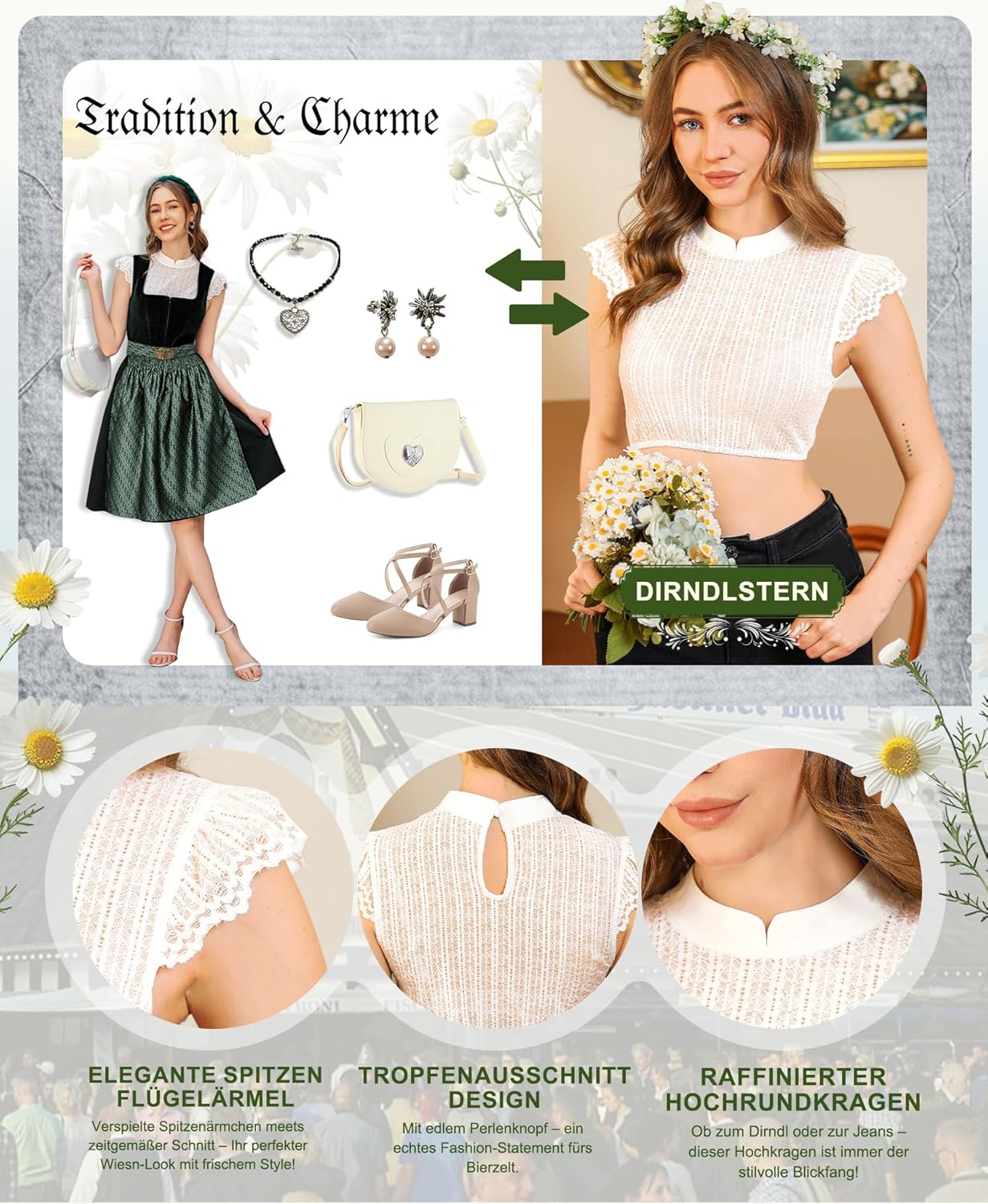 DIRNDLSTERN Dirndl Bluse Damen Weiß - Dirndlbluse Spitze Dirndlblusen Hochgeschlossen Flügelärmel Trachtenblusen Vertikale Streifen Elegant