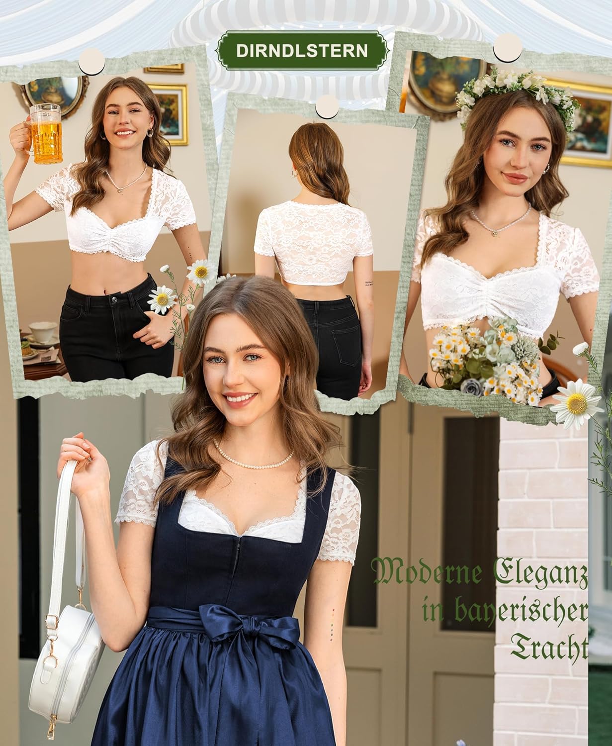Bluse Damen Spitze - Dirndlbluse Weiß Herzausschnitt Trachtenbluse Kurzarm für Oktoberfest